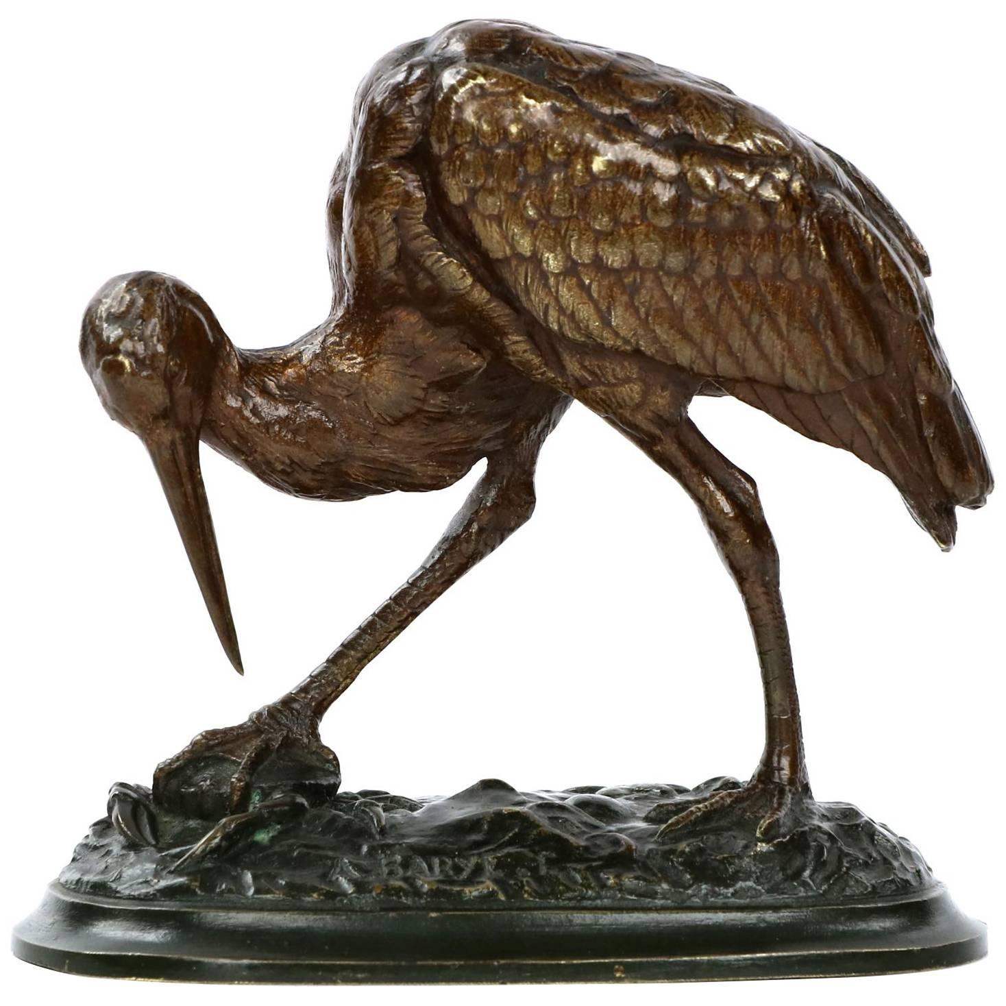Antique French Bronze Sculpture "Cicogne & Crab" by Alfred Barye