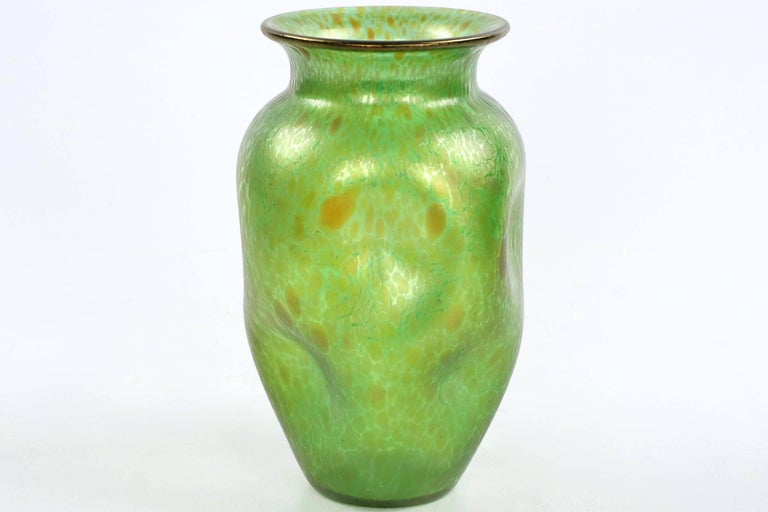 Art Nouveau Handblown Green Iridescent Art Glass Vase For Sale At