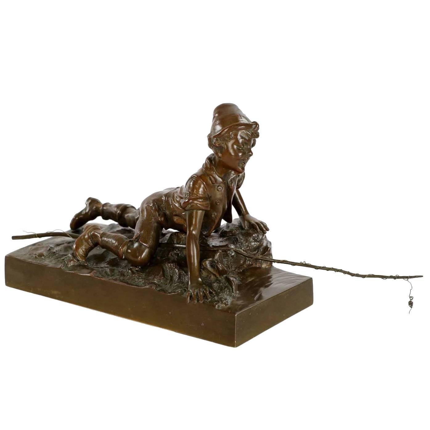 Antique Bronze Sculpture of Boy Fishing Cast by Berndorf Foundry, Vienna Austria