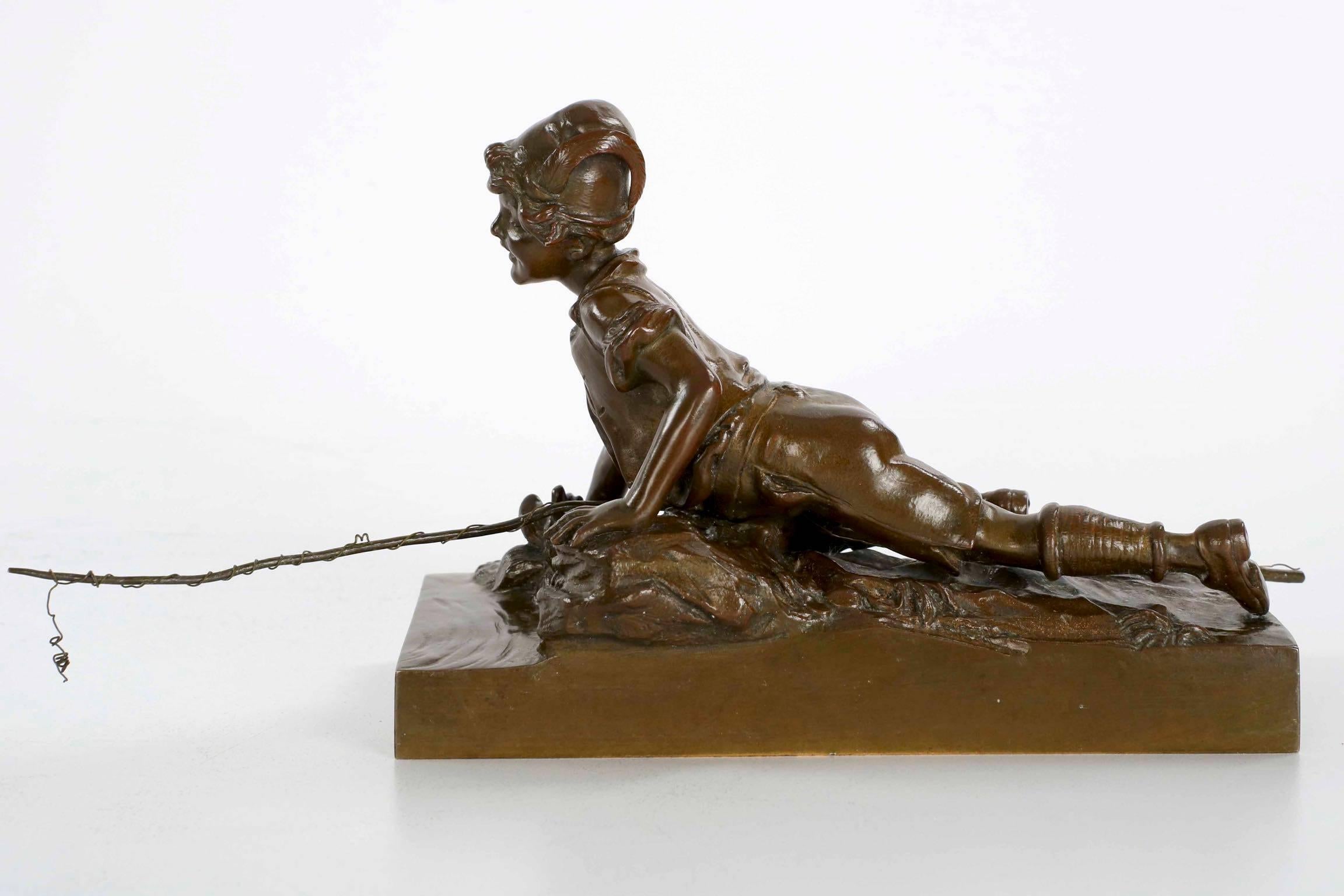 Romantic Antique Bronze Sculpture of Boy Fishing Cast by Berndorf Foundry, Vienna Austria