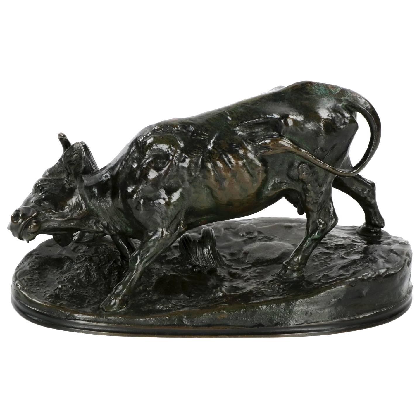 French Antique Bronze Sculpture of Cow by Barye & F. Barbedienne, circa 1900