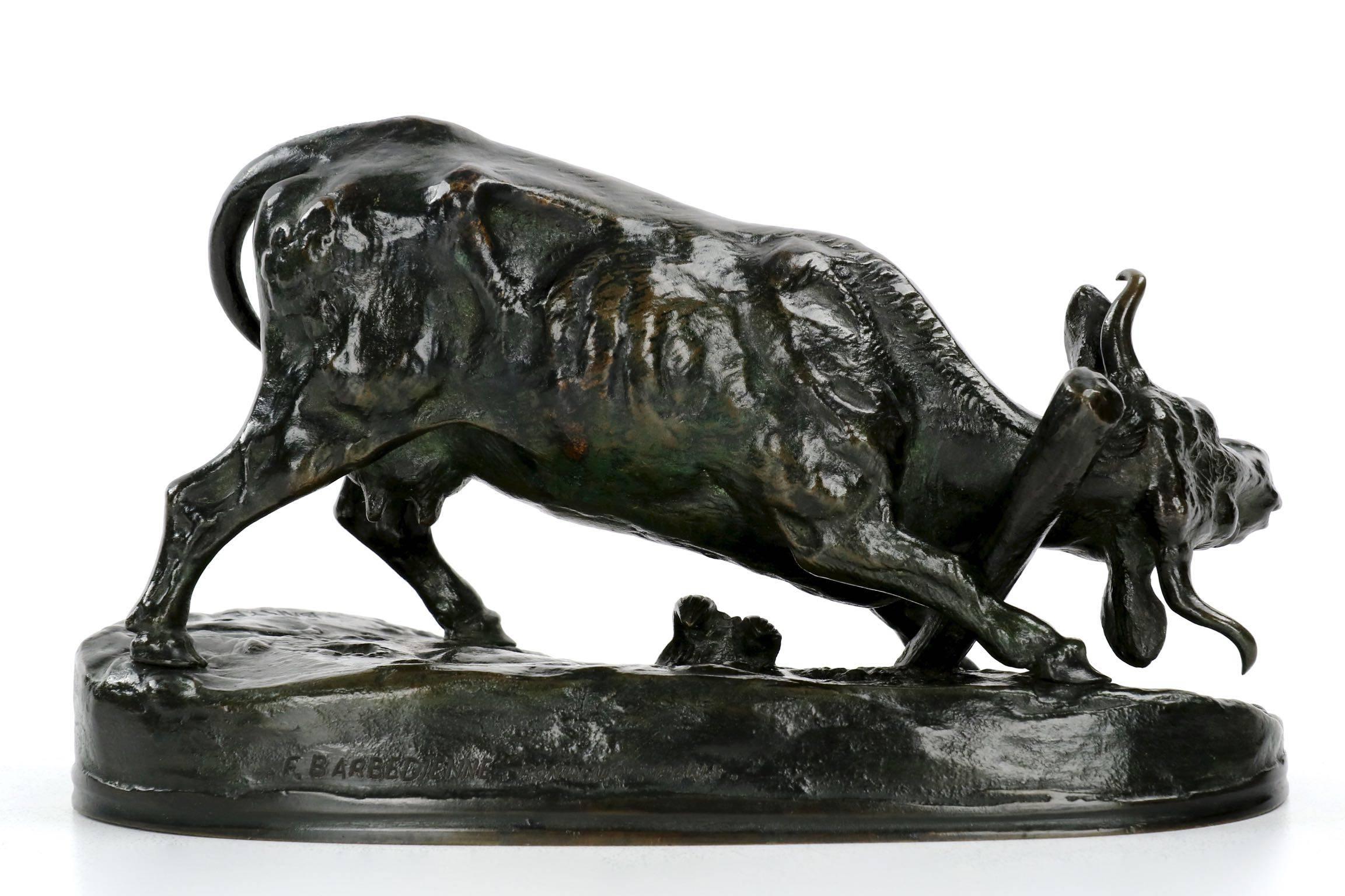 Patinated French Antique Bronze Sculpture of Cow by Barye & F. Barbedienne, circa 1900