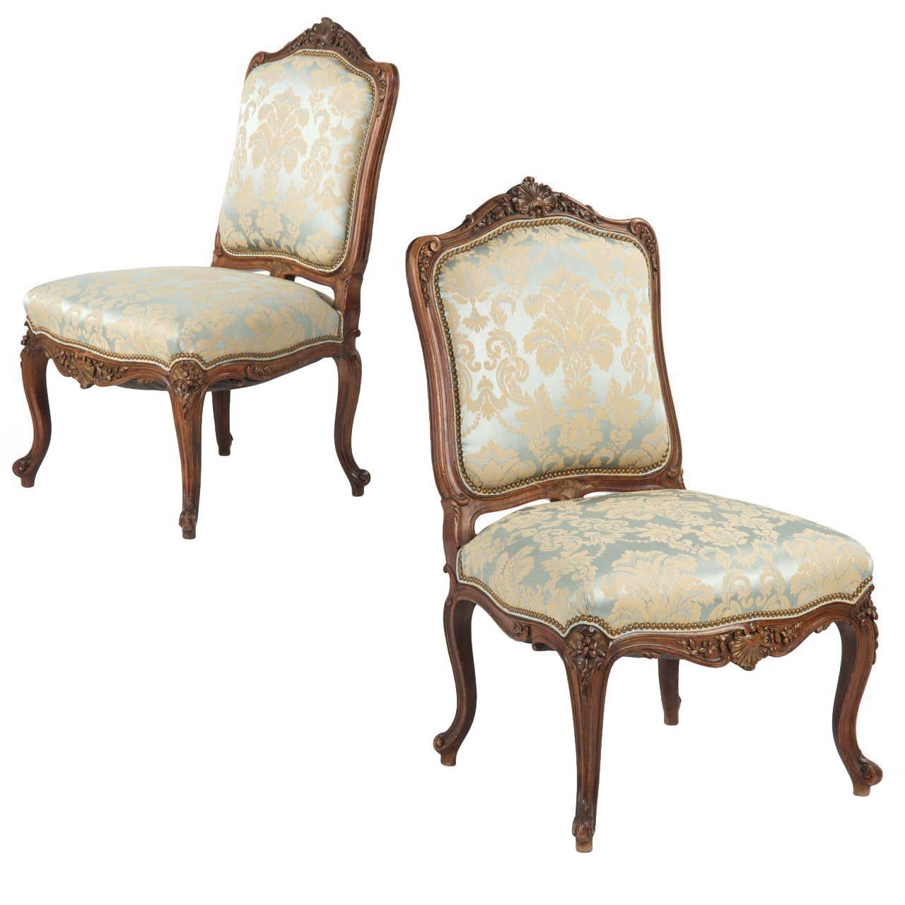 Rococo Revival Pair of Carved Walnut Antique Side Chairs, 19th Century