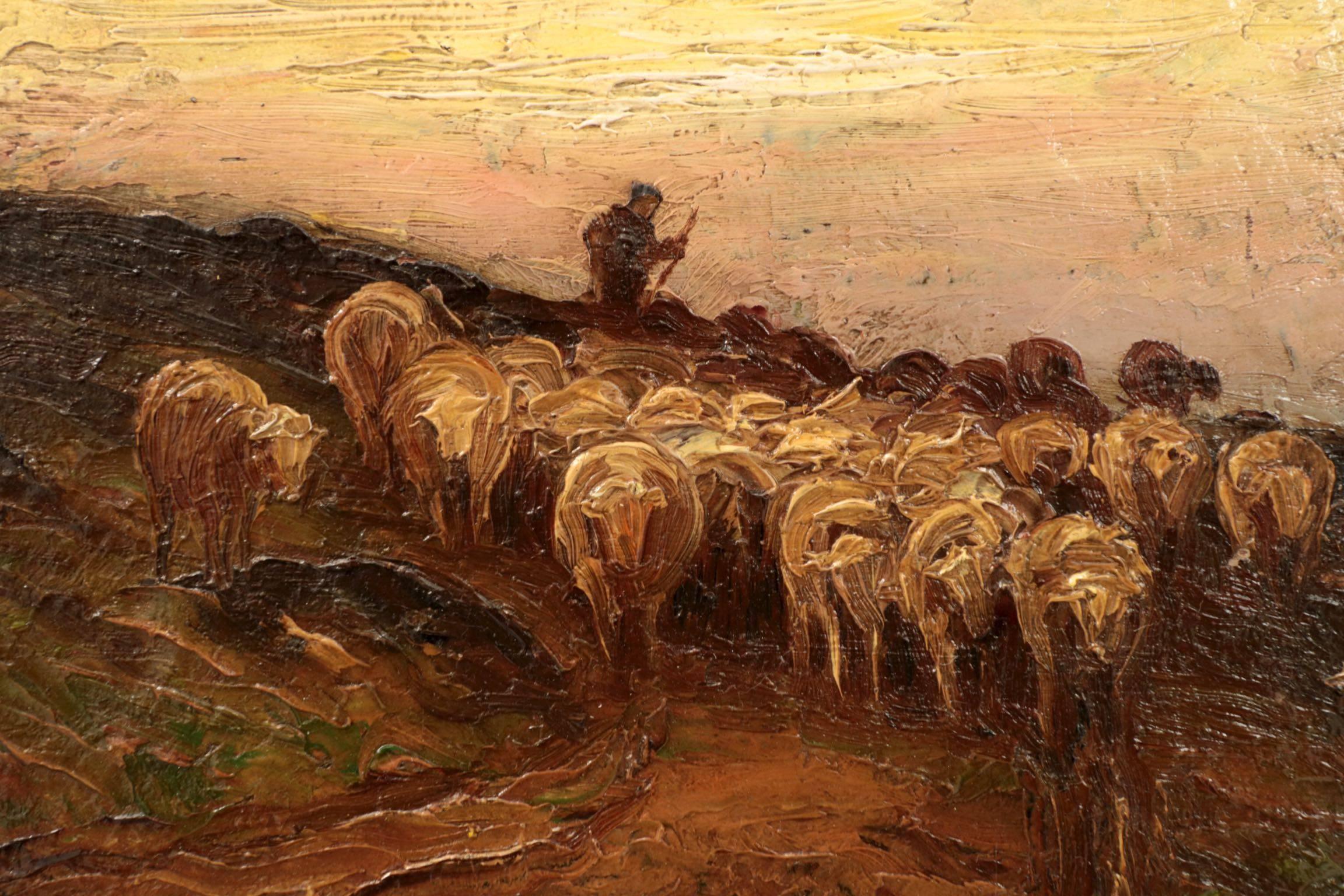 Hand-Painted Francis Wheaton Pastoral Sheep Landscape Antique Oil Painting