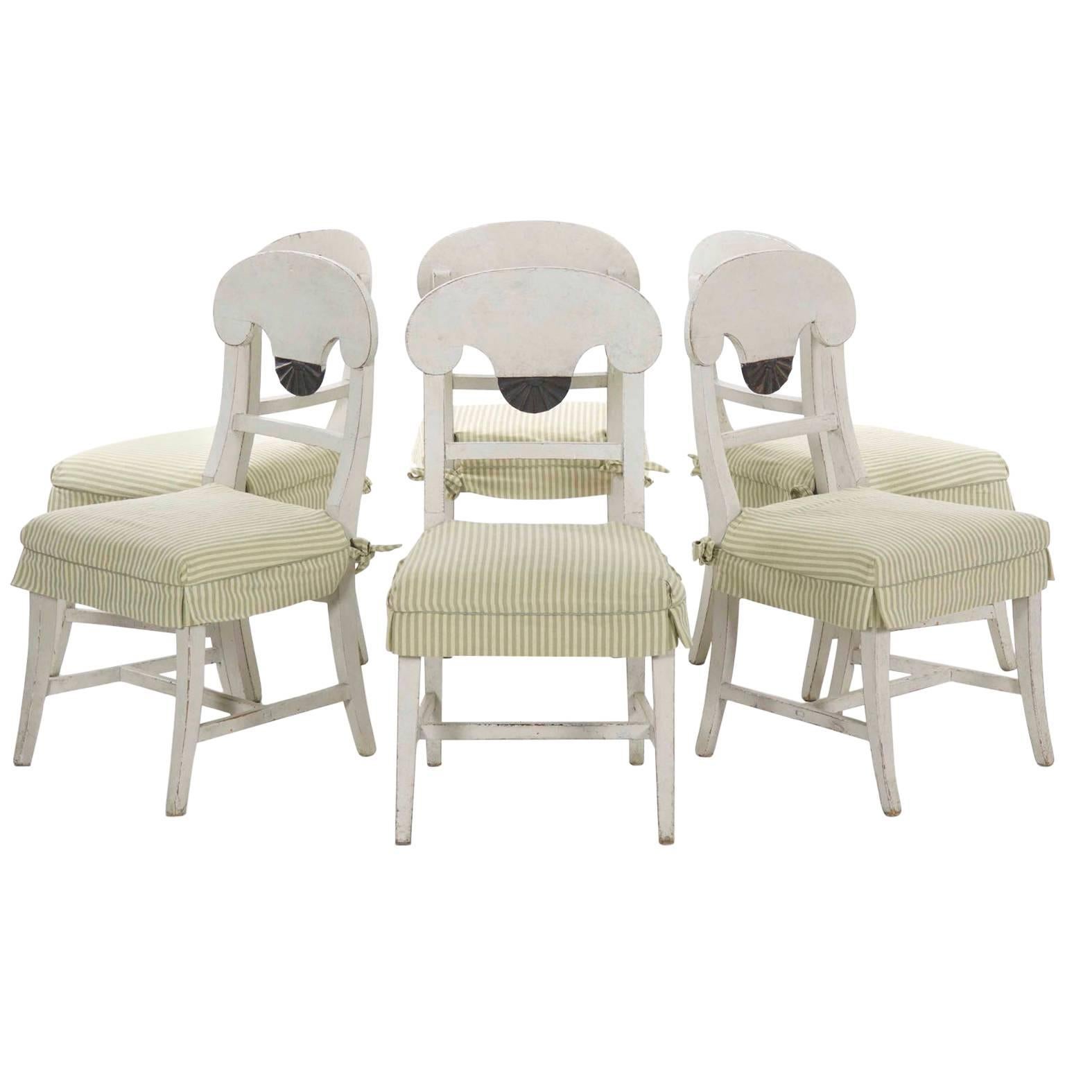 Swedish Gustavian Style Set of Six White Painted Dining Chairs
