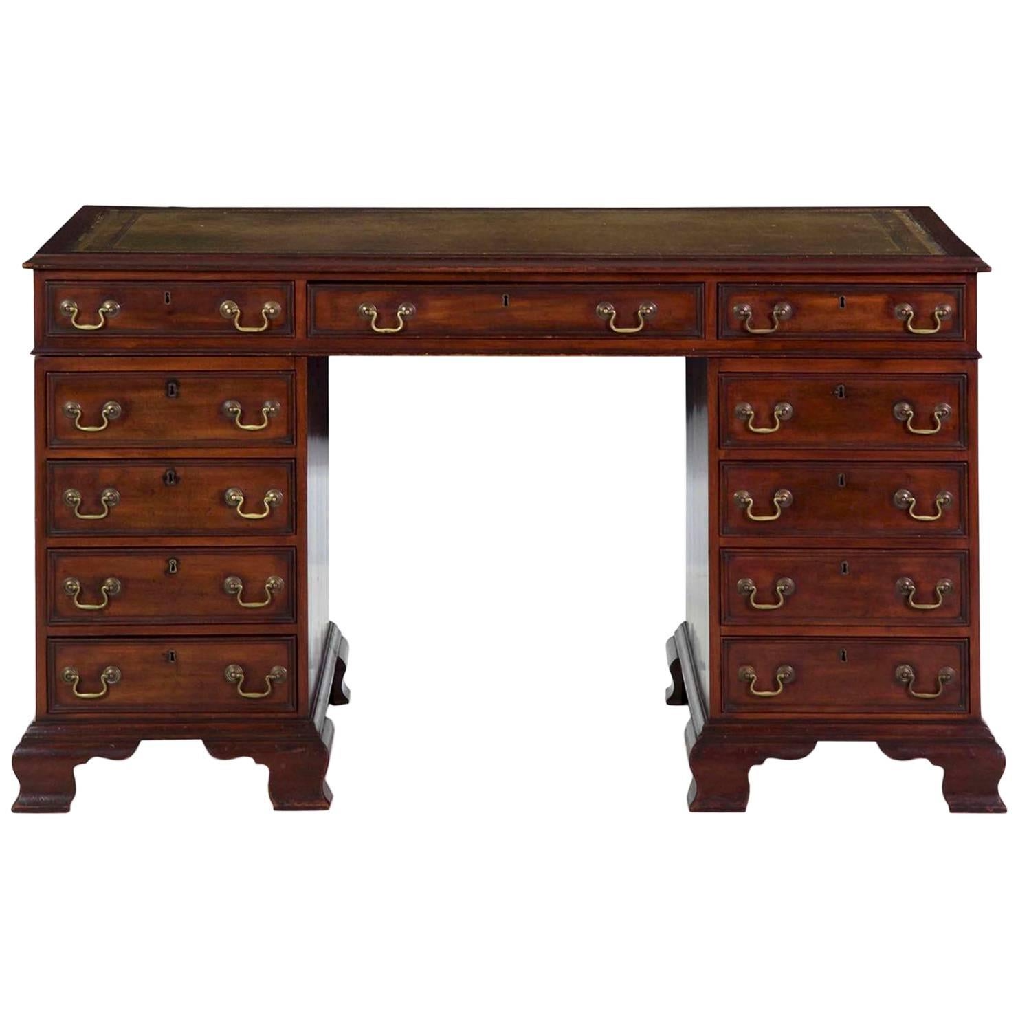 20th Century English George III Style Mahogany and Leather Antique Pedestal Desk