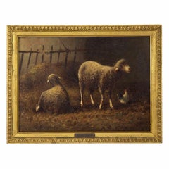Charles Emile Jacque French Barbizon Antique Oil Painting of Sheep in Barn