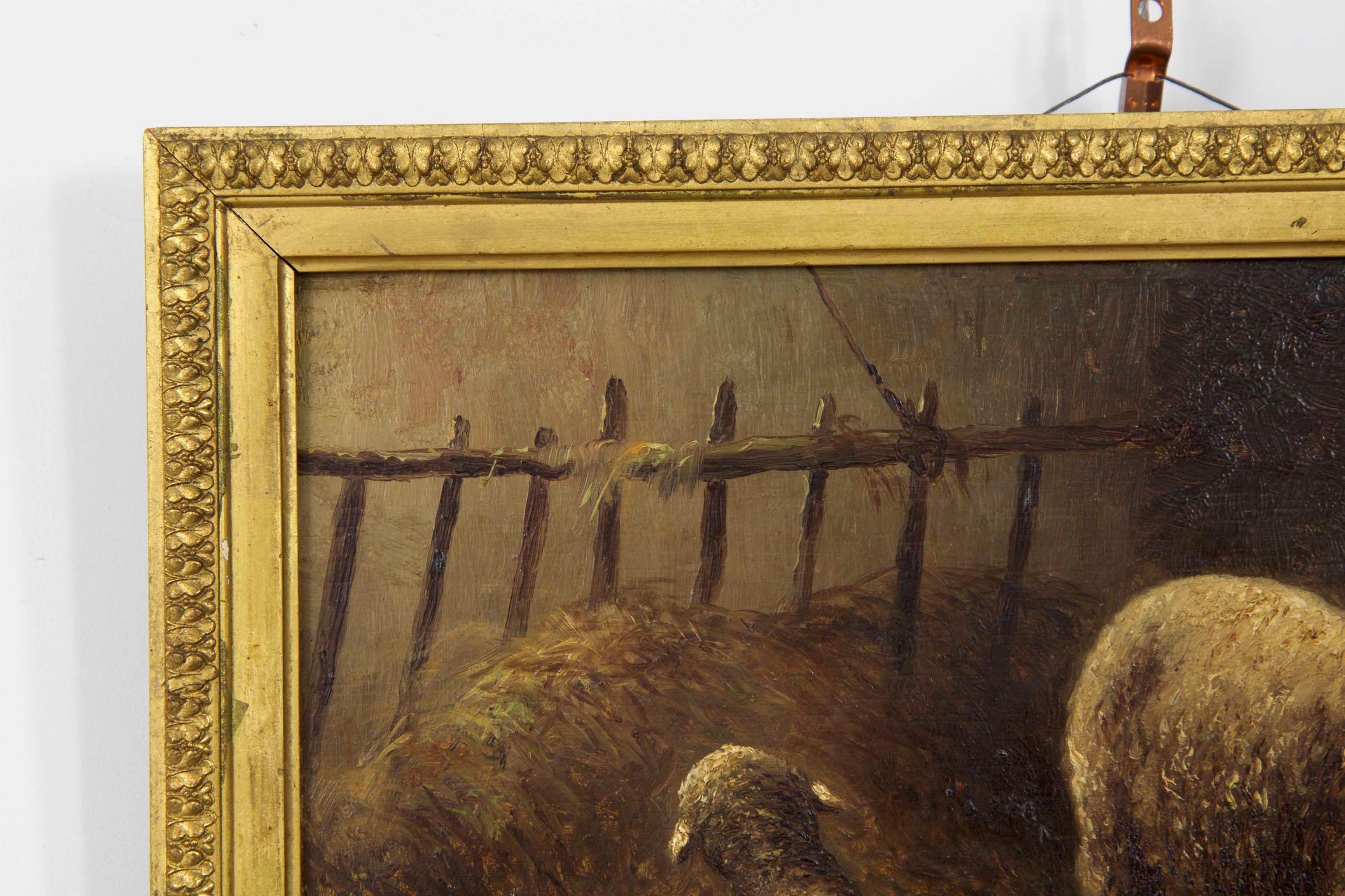 Barbizon School Charles Emile Jacque French Barbizon Antique Oil Painting of Sheep in Barn