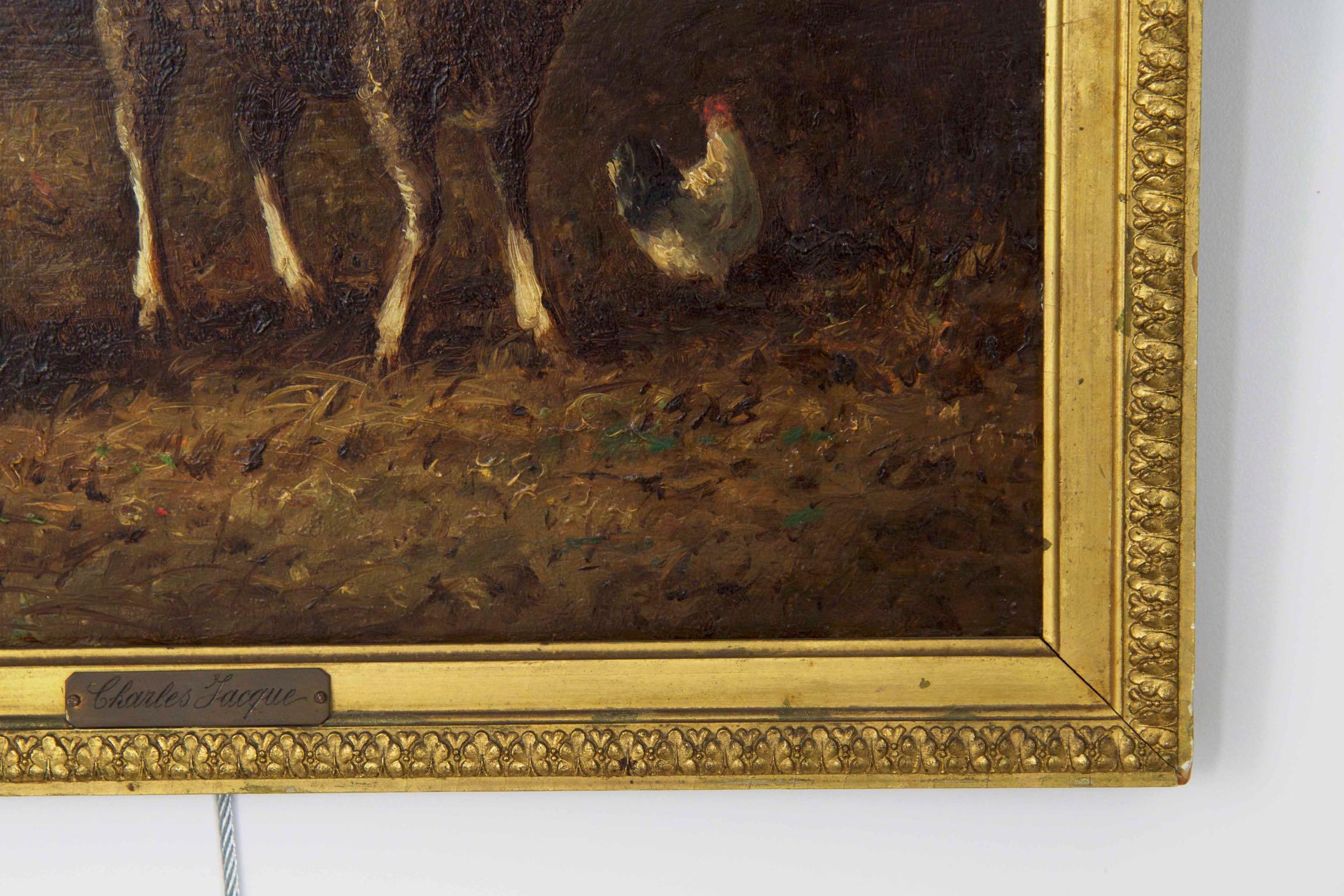 Oiled Charles Emile Jacque French Barbizon Antique Oil Painting of Sheep in Barn