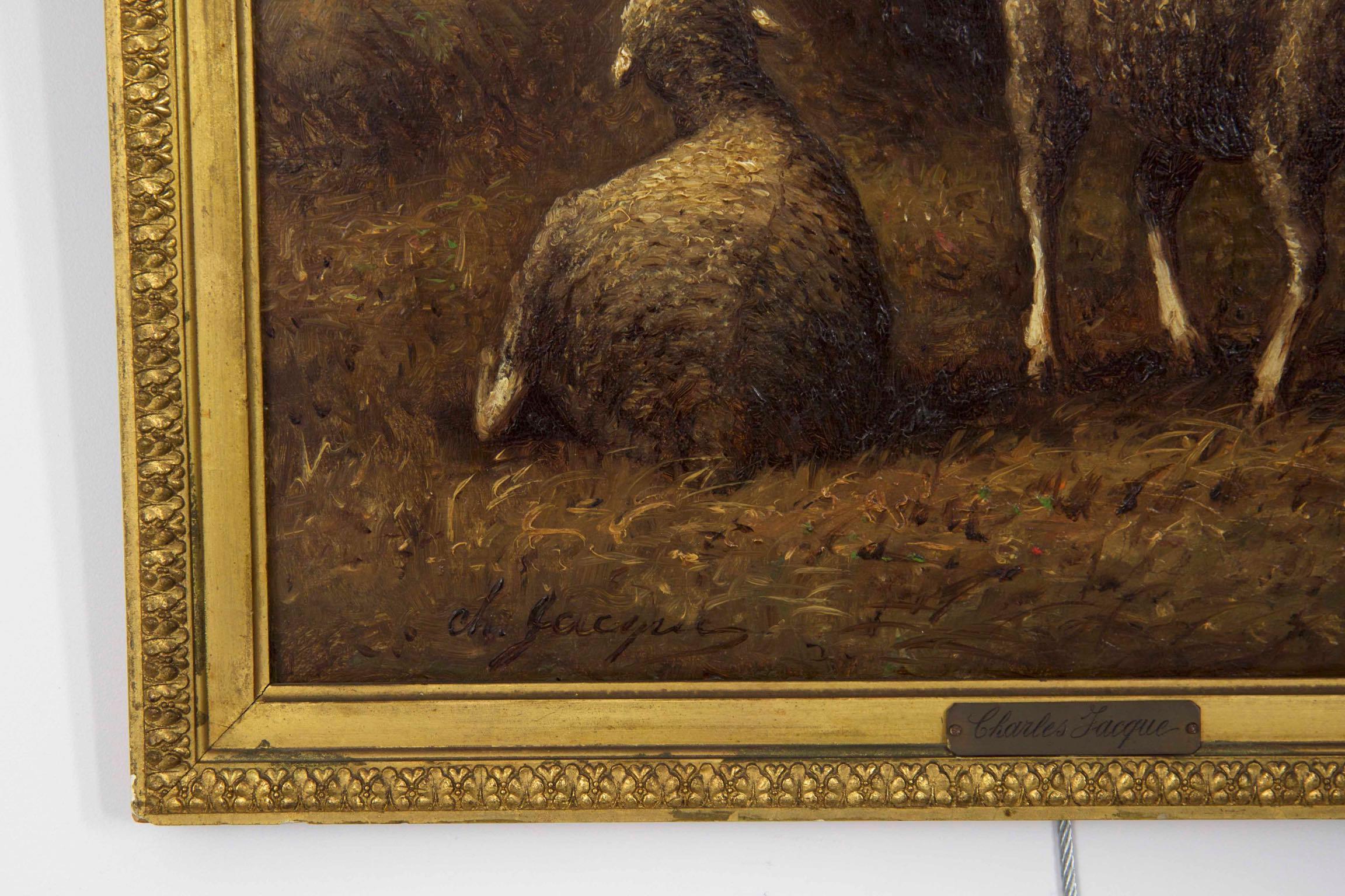 Charles Emile Jacque French Barbizon Antique Oil Painting of Sheep in Barn In Good Condition In Shippensburg, PA