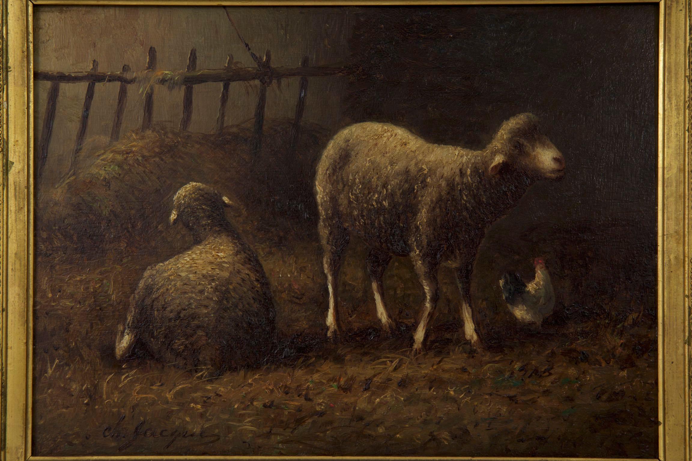 19th Century Charles Emile Jacque French Barbizon Antique Oil Painting of Sheep in Barn