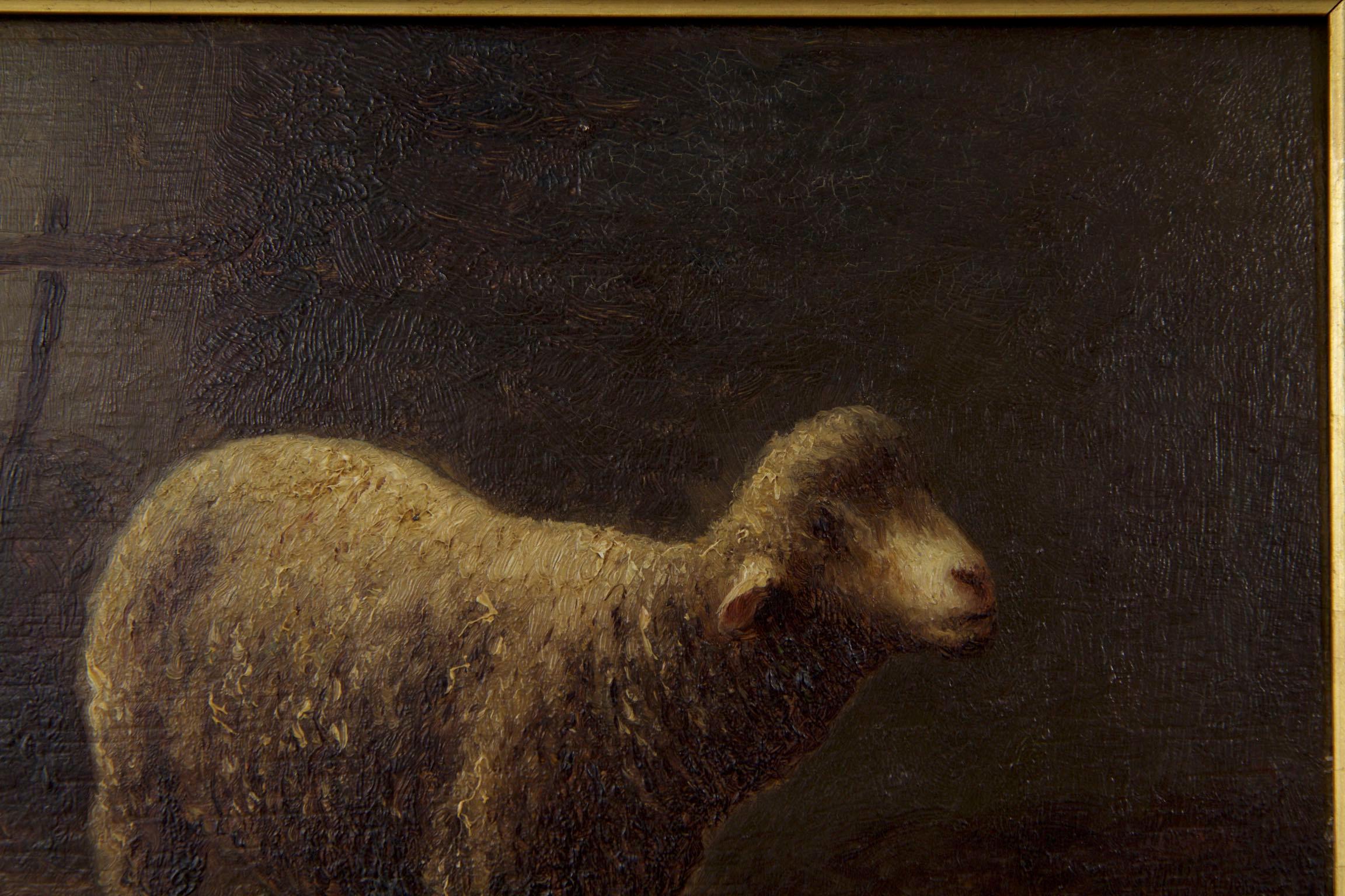 Charles Emile Jacque French Barbizon Antique Oil Painting of Sheep in Barn 1