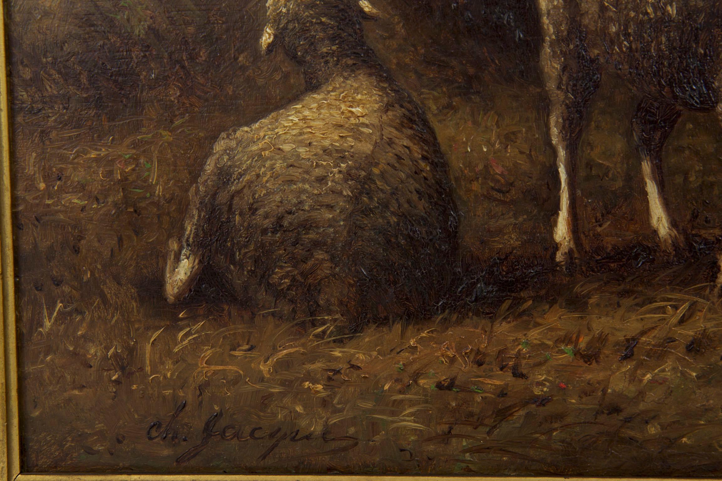 Charles Emile Jacque French Barbizon Antique Oil Painting of Sheep in Barn 3