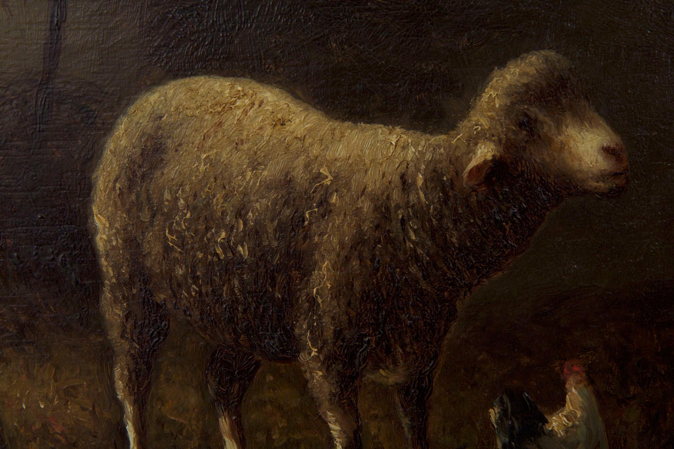 Charles Emile Jacque French Barbizon Antique Oil Painting of Sheep in Barn 5