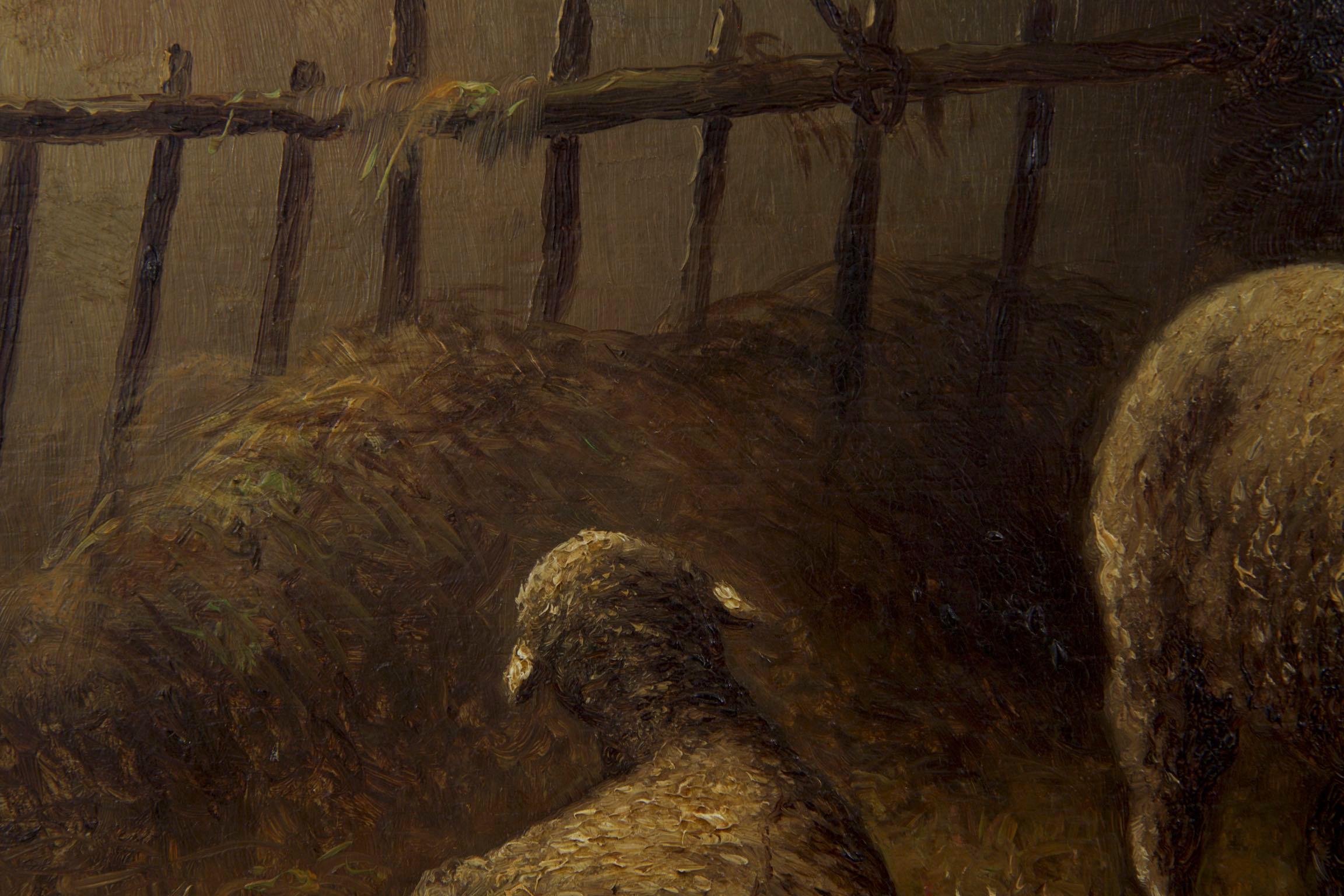 Charles Emile Jacque French Barbizon Antique Oil Painting of Sheep in Barn 6
