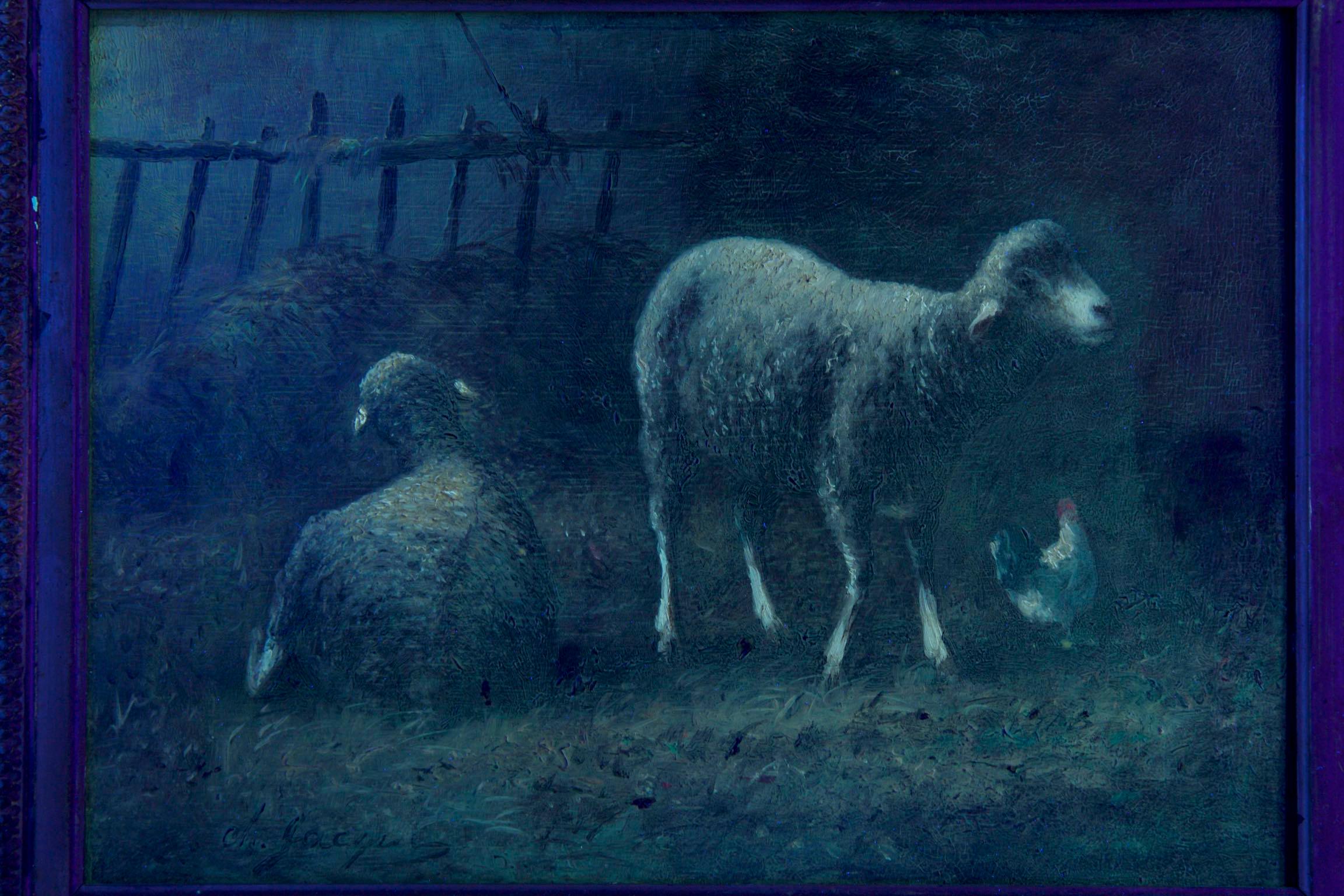 Charles Emile Jacque French Barbizon Antique Oil Painting of Sheep in Barn 13