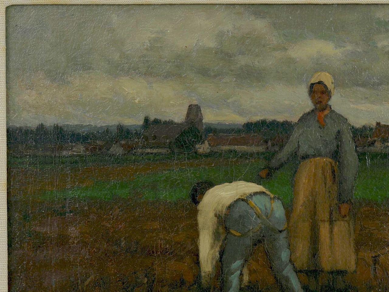 19th Century “Potato Pickers” Landscape Barbizon Painting by Carleton Wiggins ‘American’