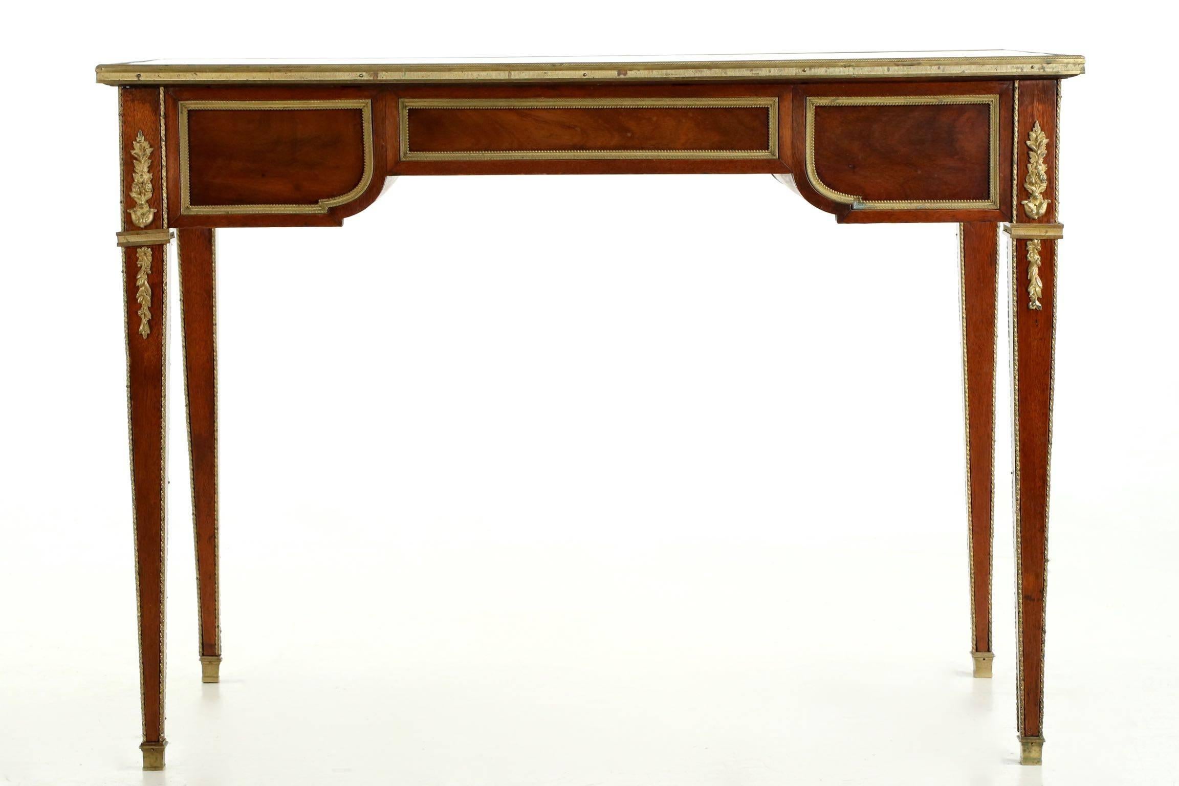 Gilt 20th Century French Neoclassical Antique Mahogany Bureau Plat Writing Table Desk