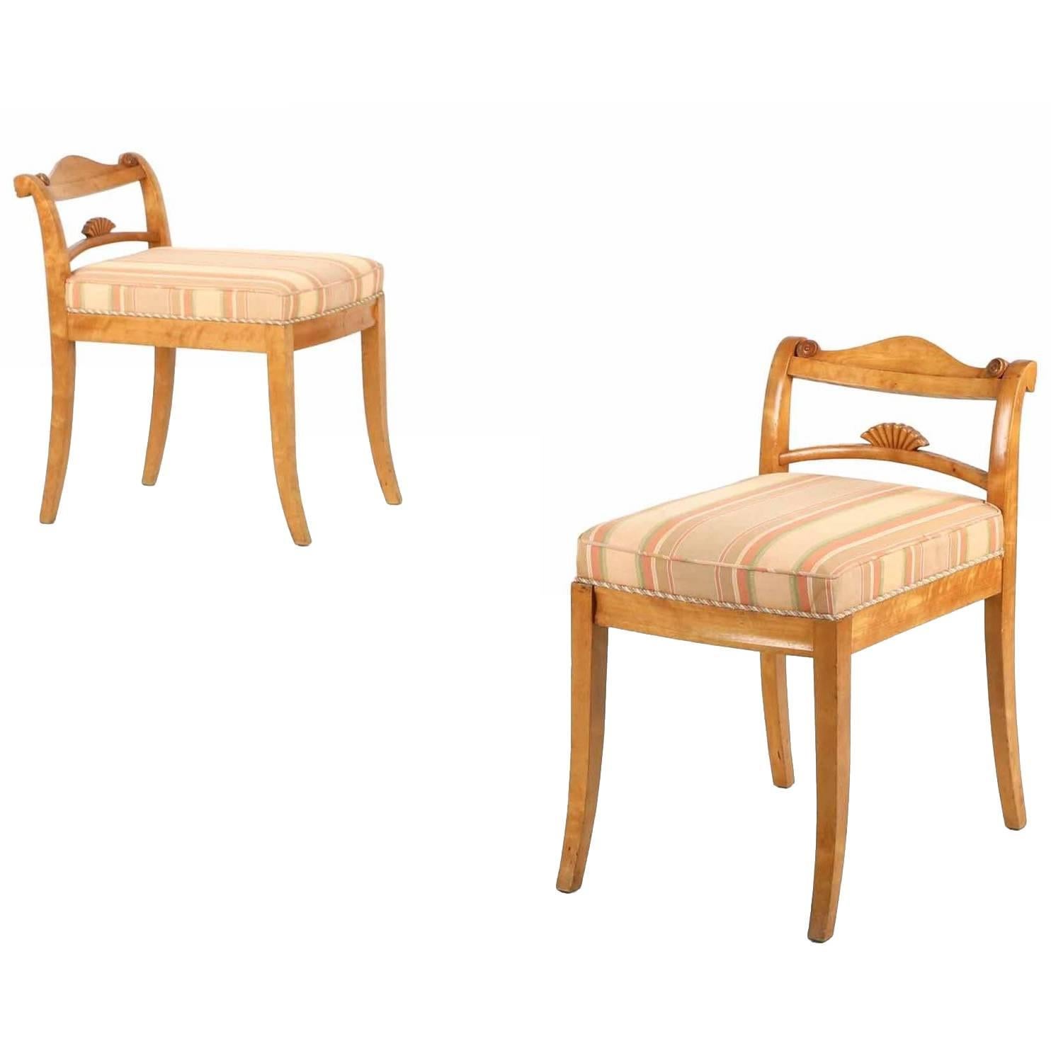 Biedermeier Style Pair of Low Back Birch Antique Side Chairs, Early 20th Century