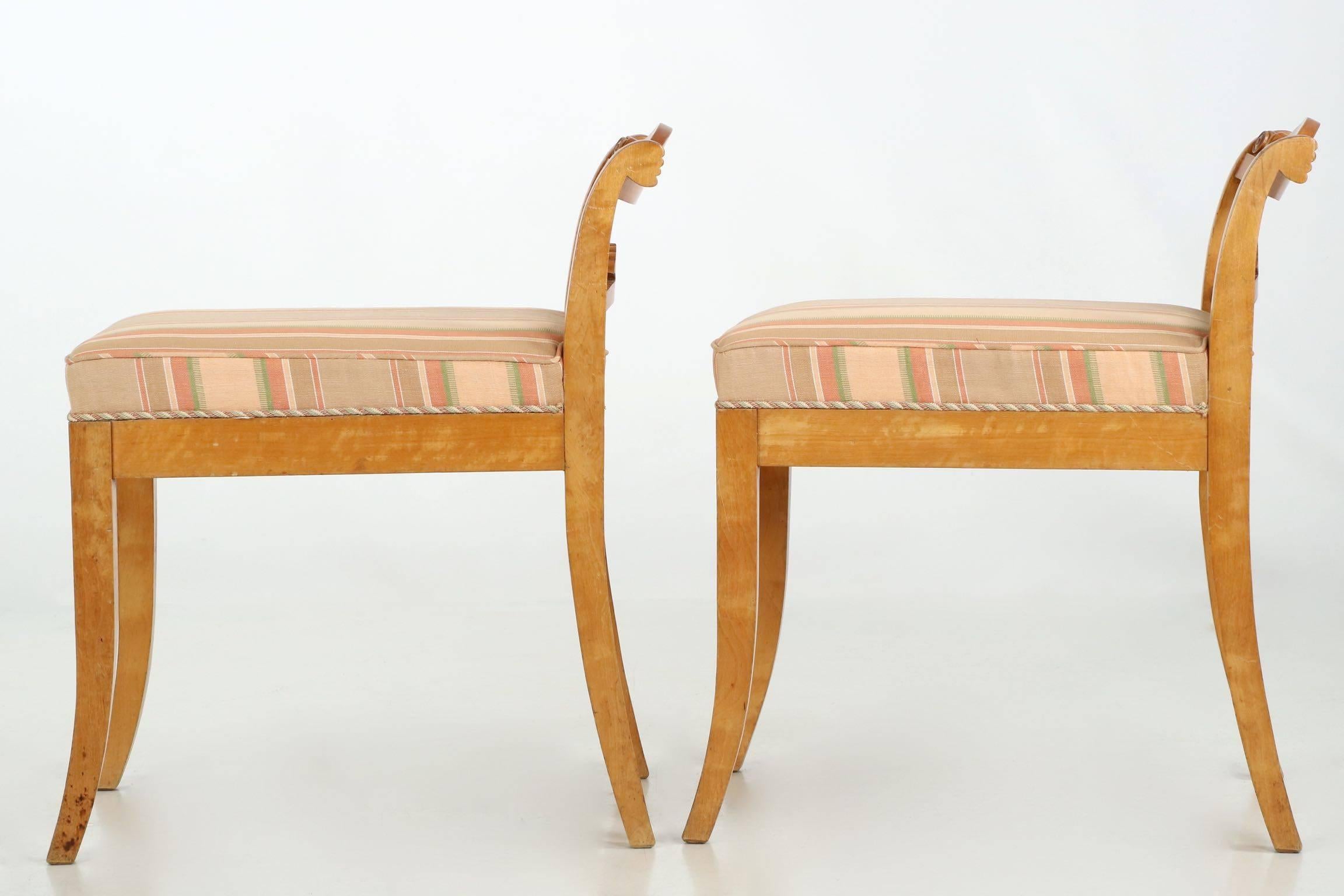 European Biedermeier Style Pair of Low Back Birch Antique Side Chairs, Early 20th Century