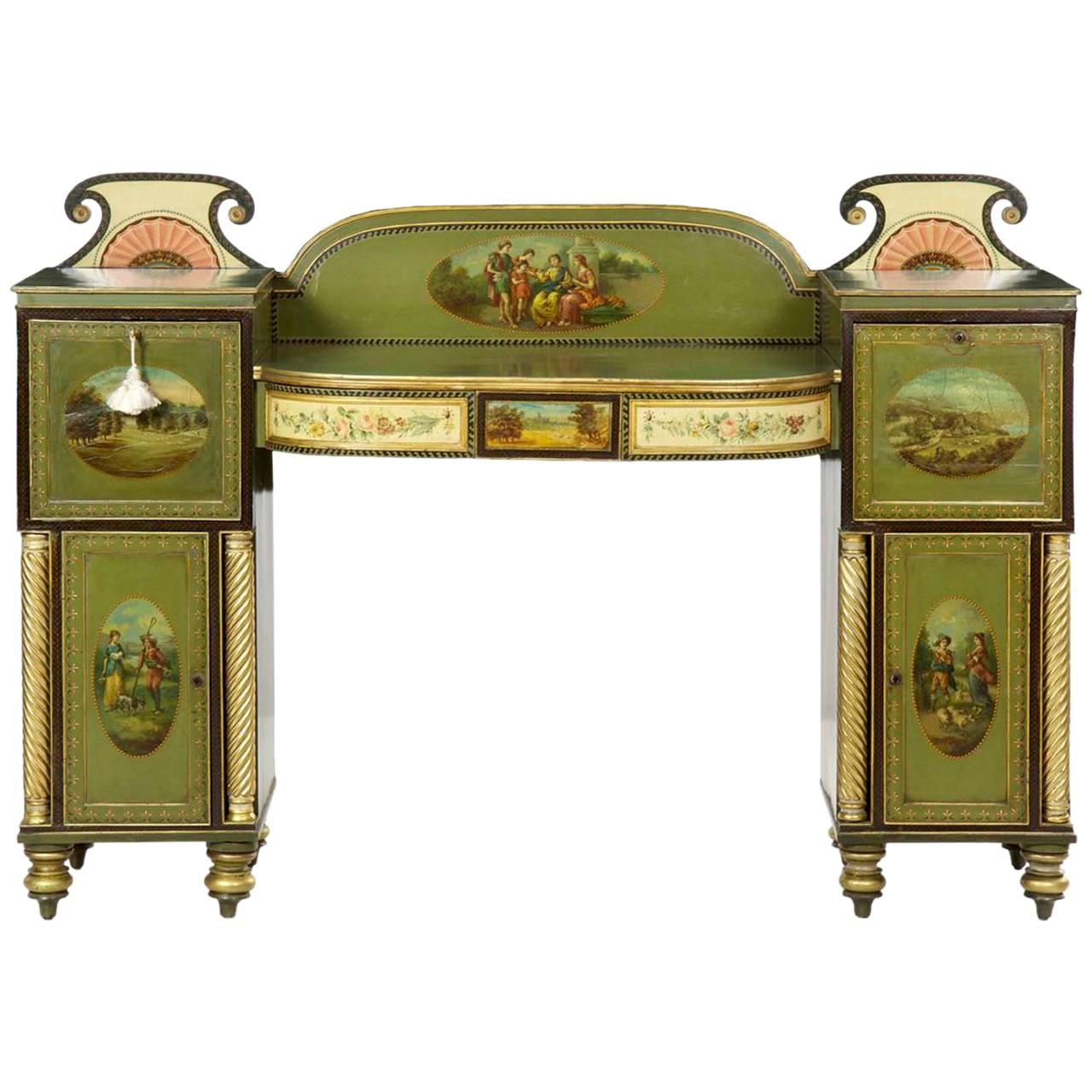 English George IV Green Painted Antique Pedestal Sideboard Console, circa 1825