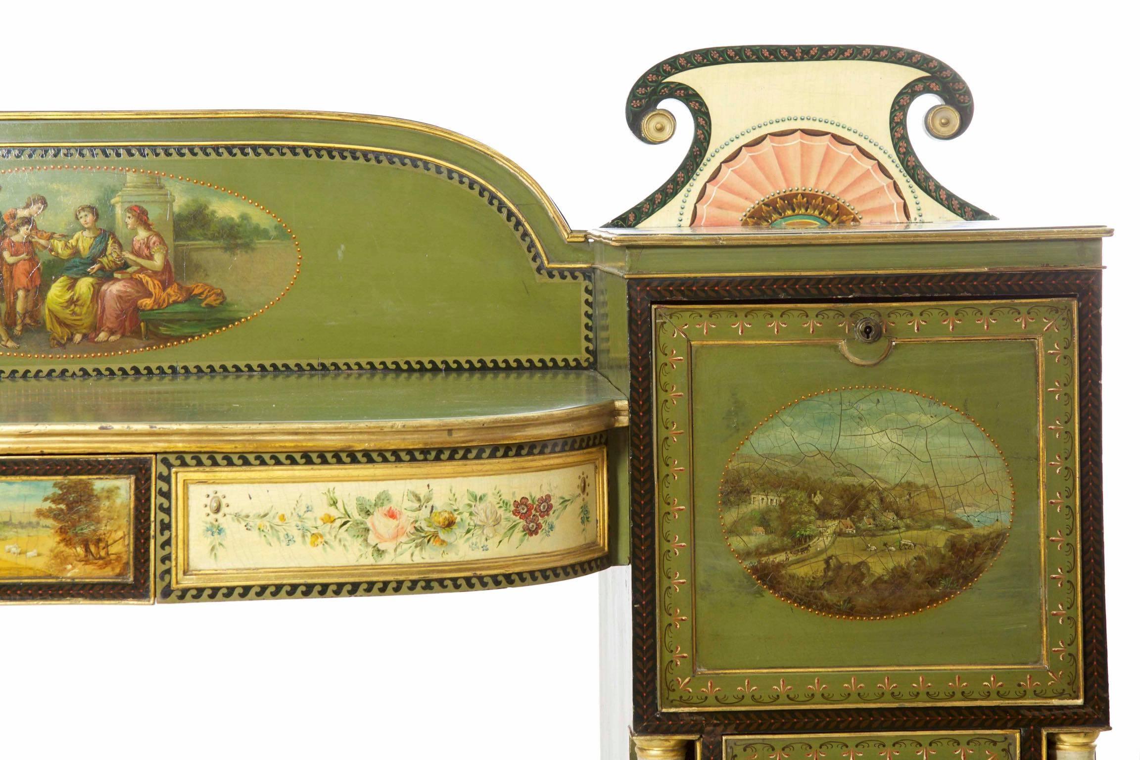 Hand-Painted English George IV Green Painted Antique Pedestal Sideboard Console, circa 1825