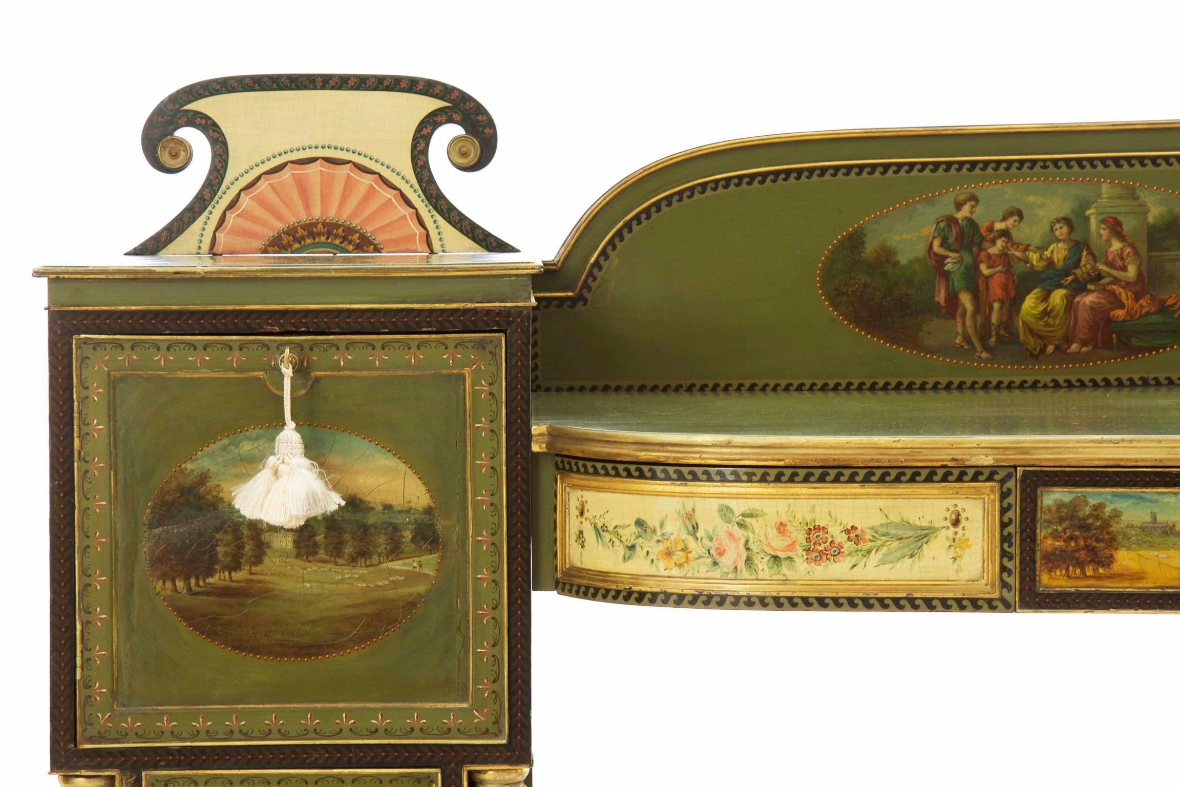 English George IV Green Painted Antique Pedestal Sideboard Console, circa 1825 In Good Condition In Shippensburg, PA