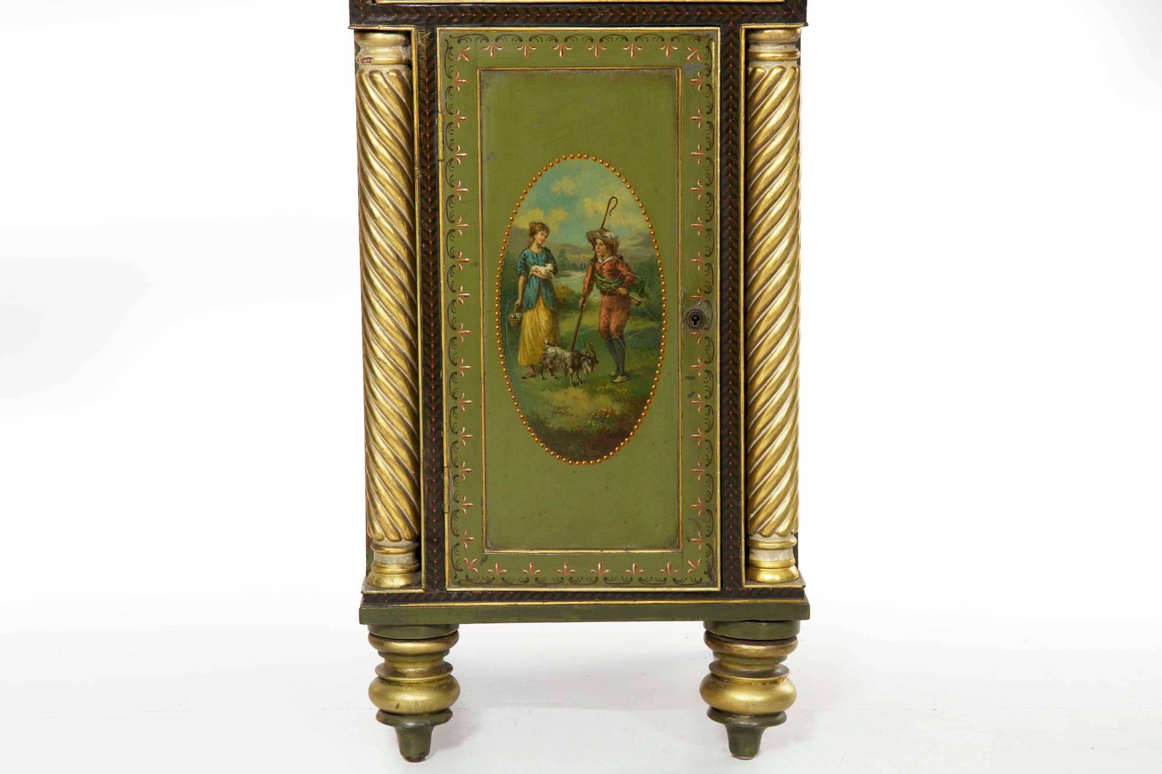 Early 19th Century English George IV Green Painted Antique Pedestal Sideboard Console, circa 1825