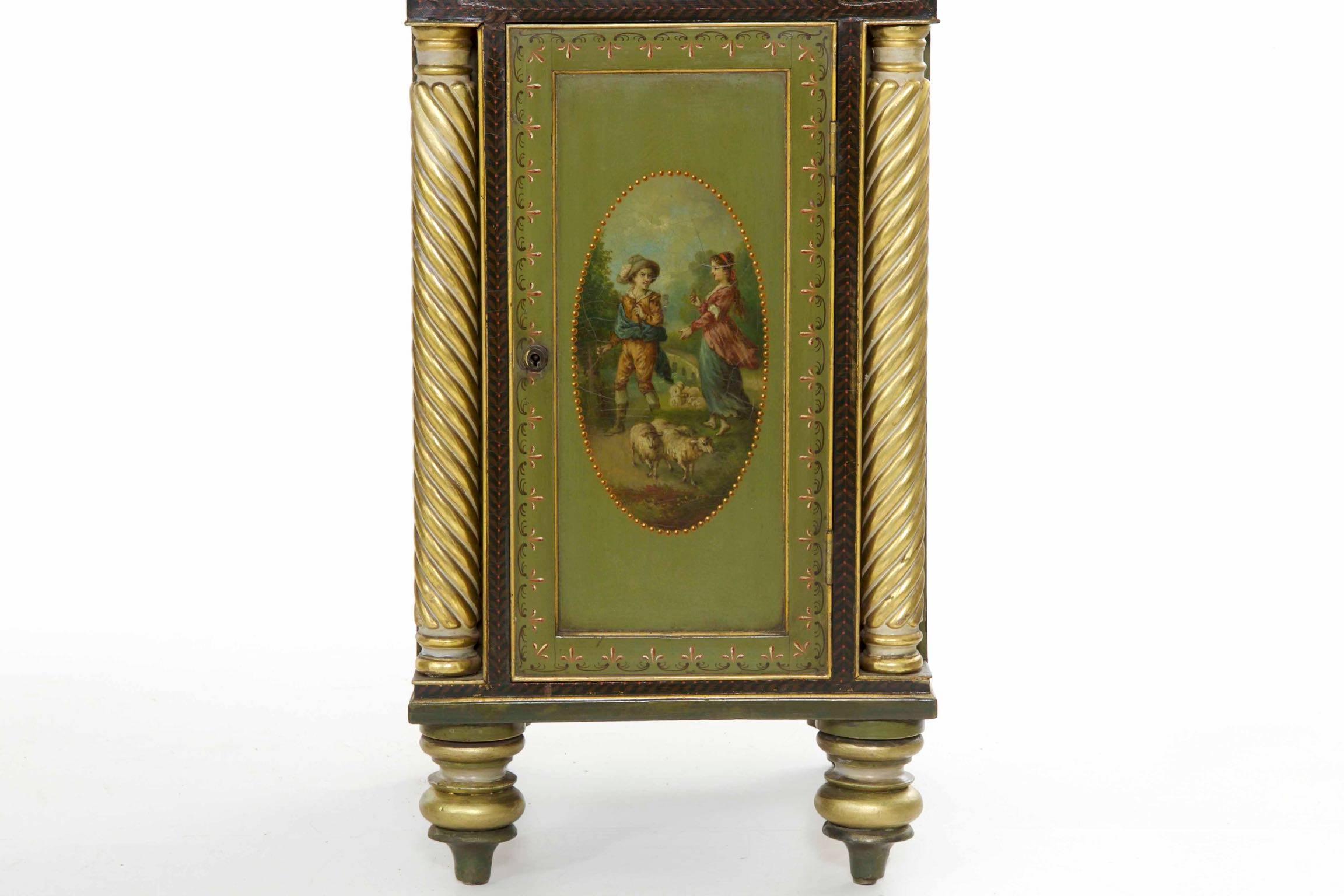 Wood English George IV Green Painted Antique Pedestal Sideboard Console, circa 1825