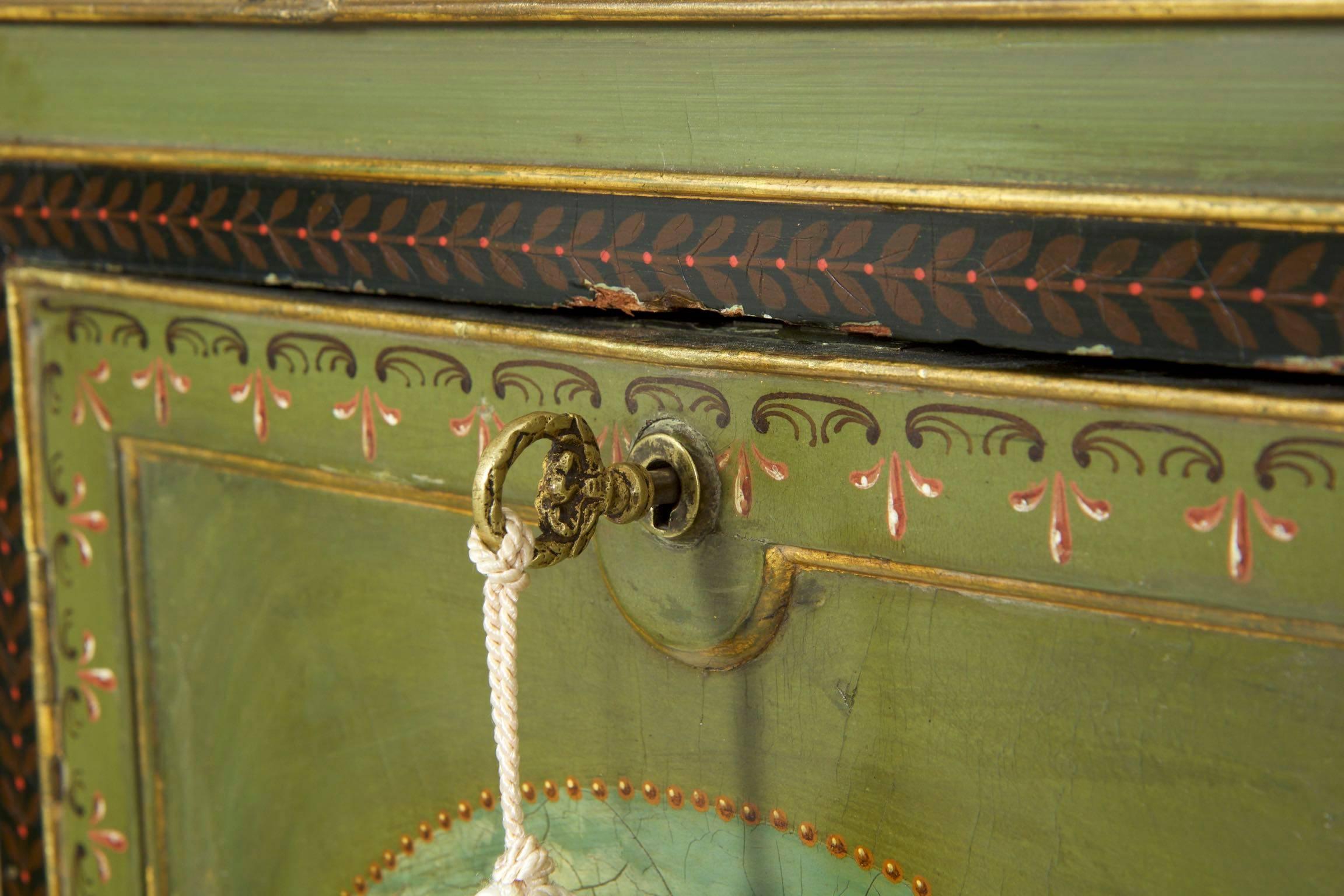 English George IV Green Painted Antique Pedestal Sideboard Console, circa 1825 3