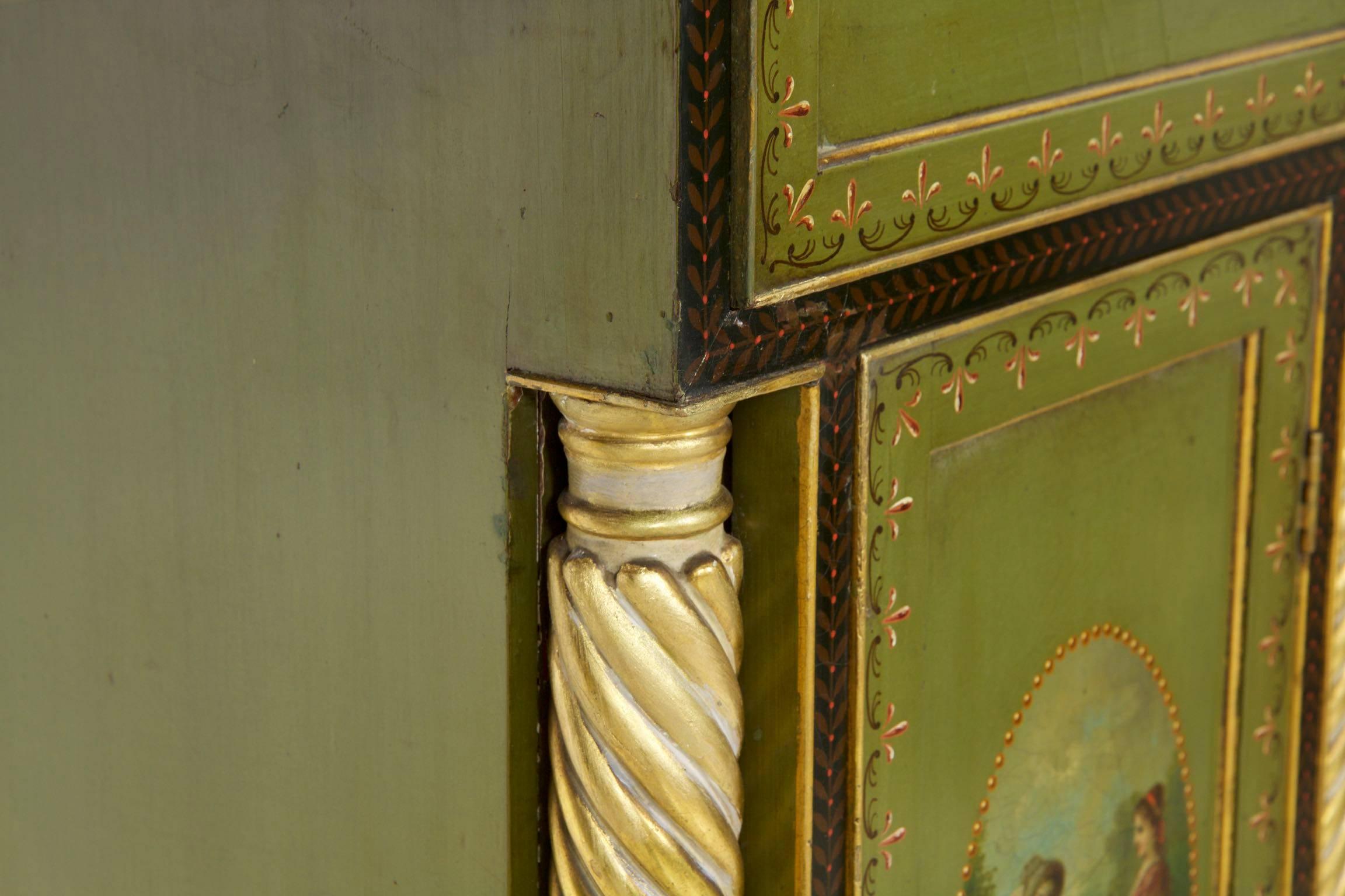 English George IV Green Painted Antique Pedestal Sideboard Console, circa 1825 6