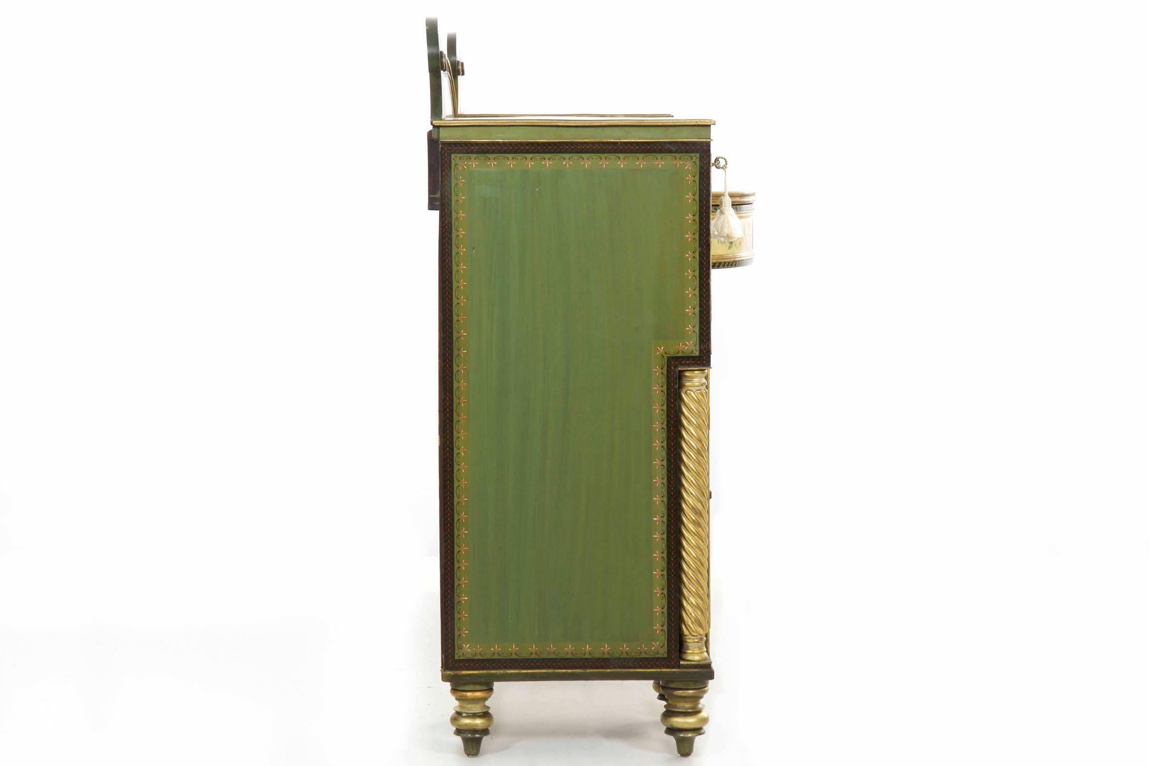 English George IV Green Painted Antique Pedestal Sideboard Console, circa 1825 12