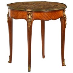 French Louis XV Style Parquetry Ormolu-Mounted Marble Top Antique Side Table