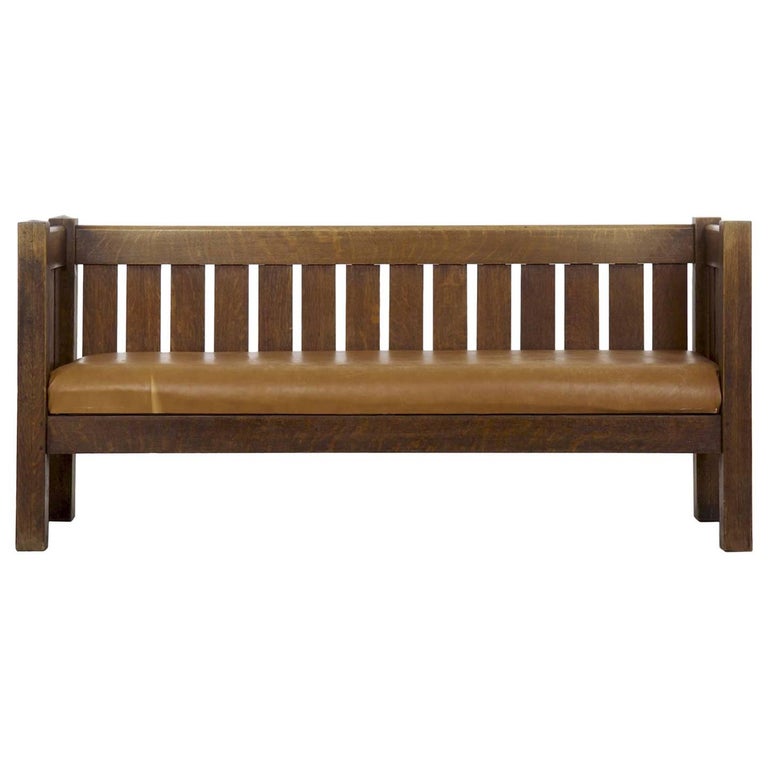 20th Century Arts Crafts Mission Leather Oak Antique Hall Settle Sofa Settee