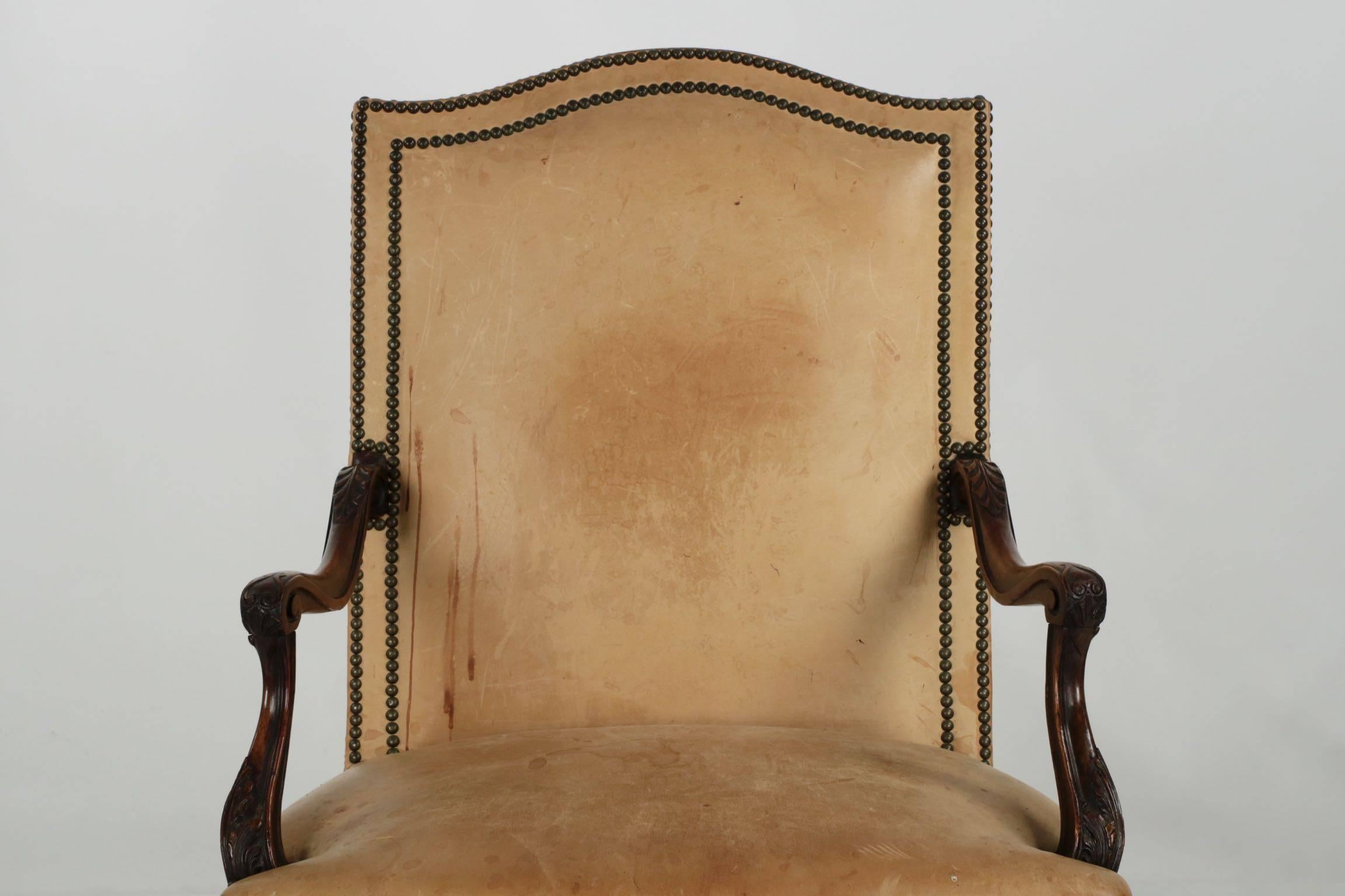 Rococo Revival 19th Century French Leather and Carved Mahogany Antique Armchair