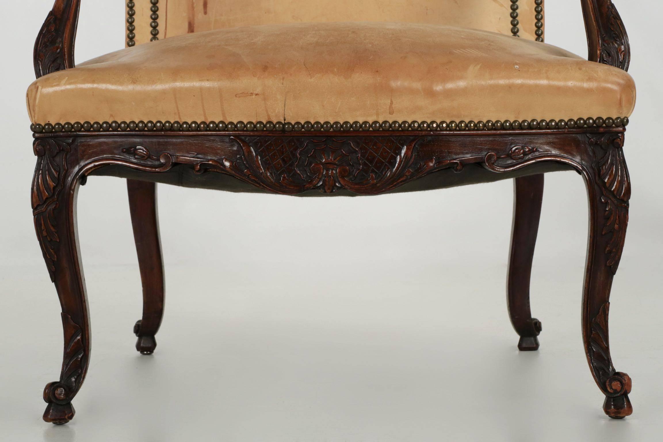 Unknown 19th Century French Leather and Carved Mahogany Antique Armchair