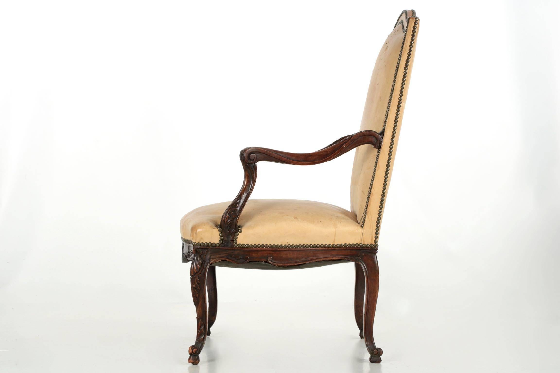 19th Century French Leather and Carved Mahogany Antique Armchair 1