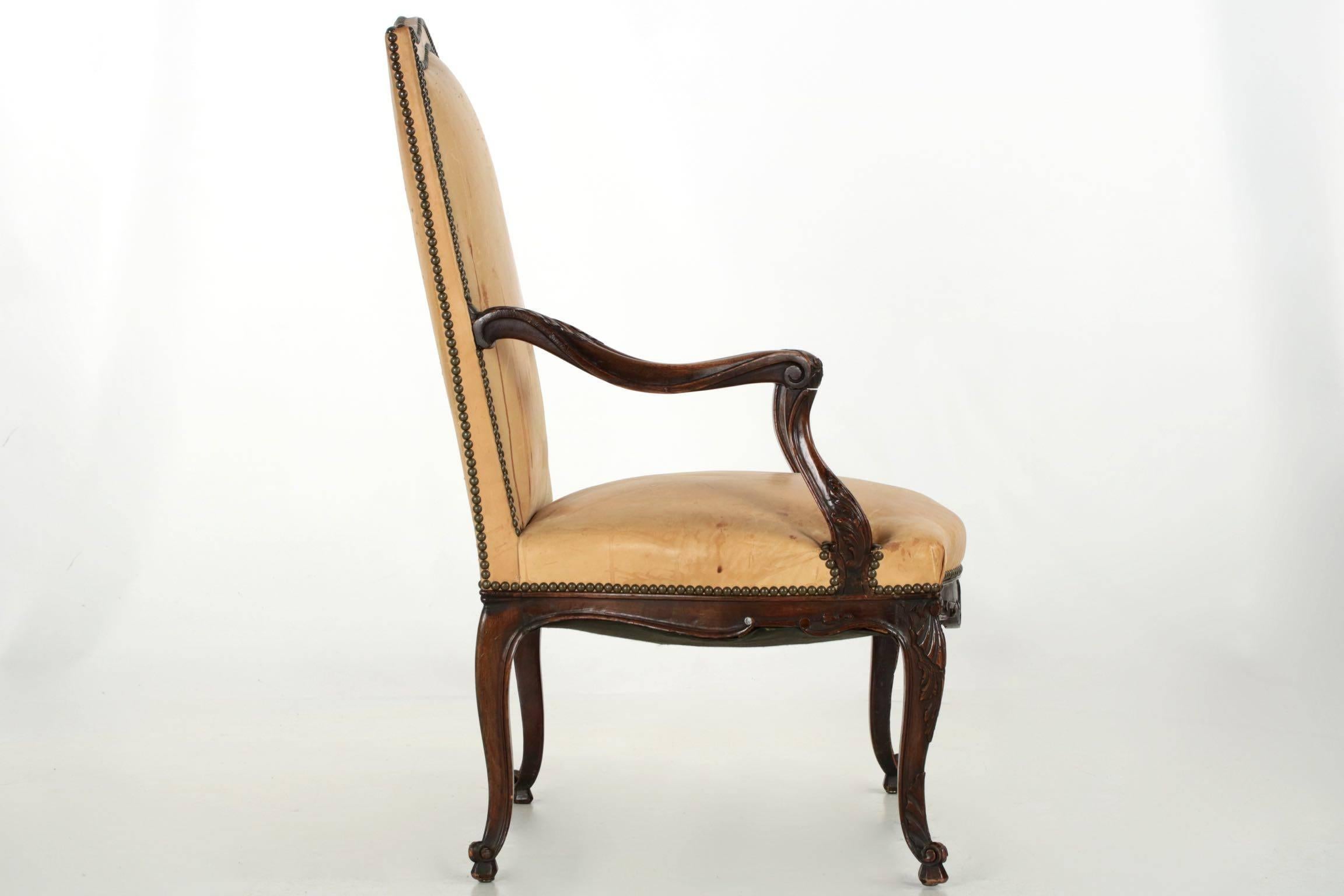 19th Century French Leather and Carved Mahogany Antique Armchair 3