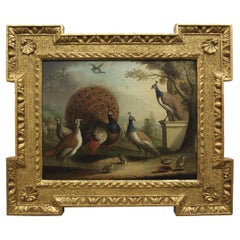 "Peacock & Peahens in Classical Landscape" Painting attr. Marmaduke Cradock