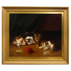 Antique Painting of "Kittens at Play" by Alfred Arthur Brunel de Neuville