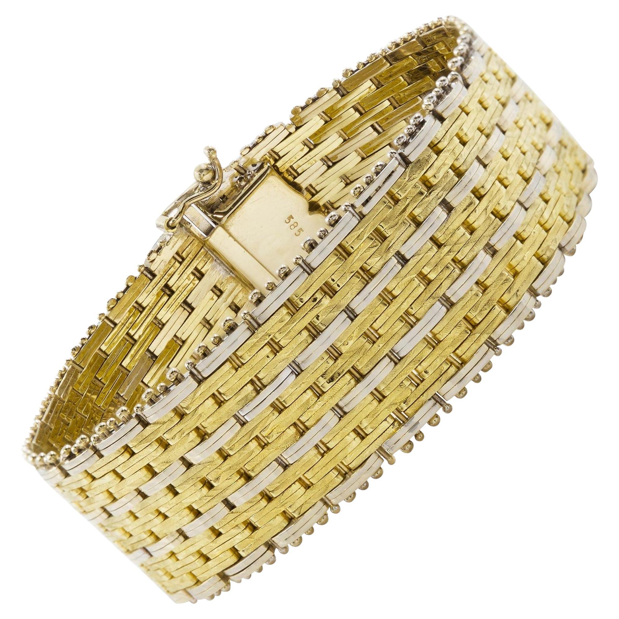 Modern 14k Bicolor Textured Woven Gold Flexible Strap Bracelet For Sale