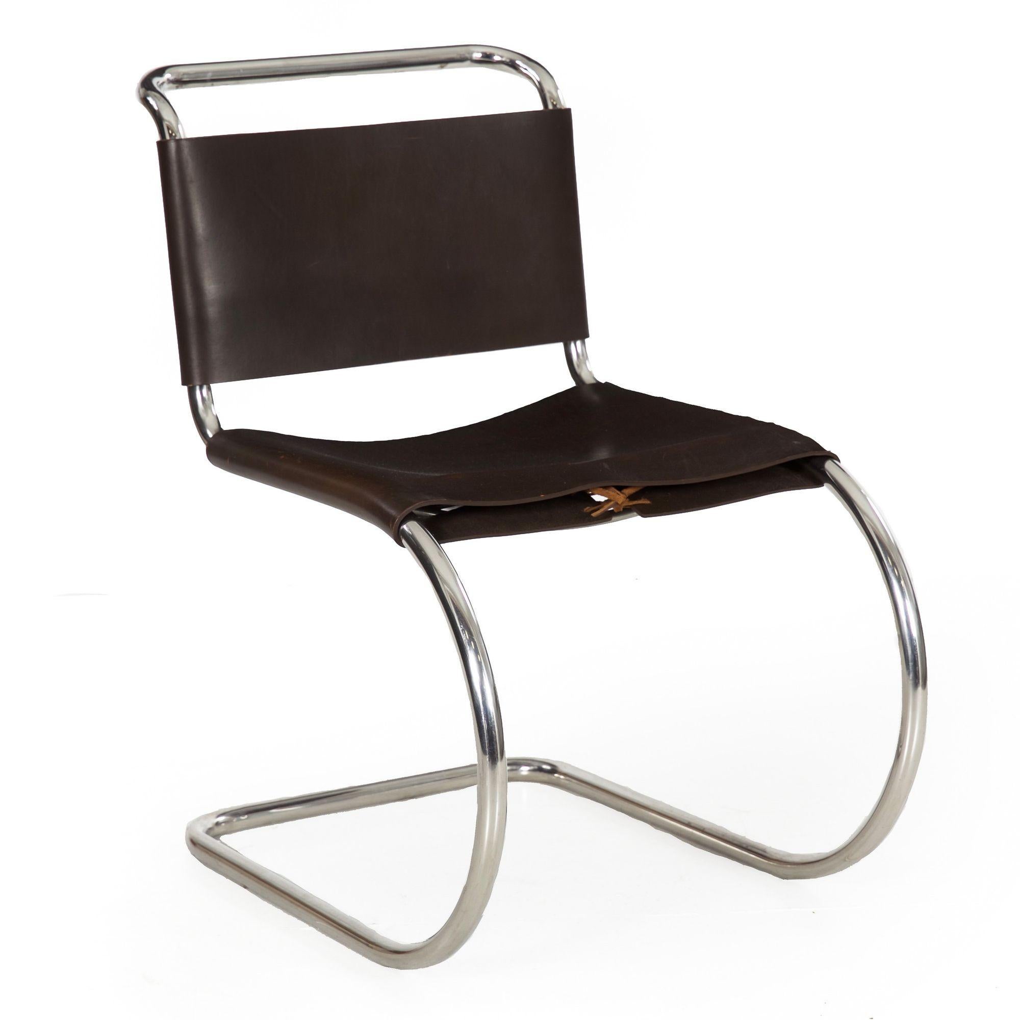 These iconic MR10 dining chairs designed by Ludwig Mies Van der Rohe and manufactured by Knoll International are cherished for their sleek design, high quality of metal work and overall comfort. This particular group of chairs was acquired as a set