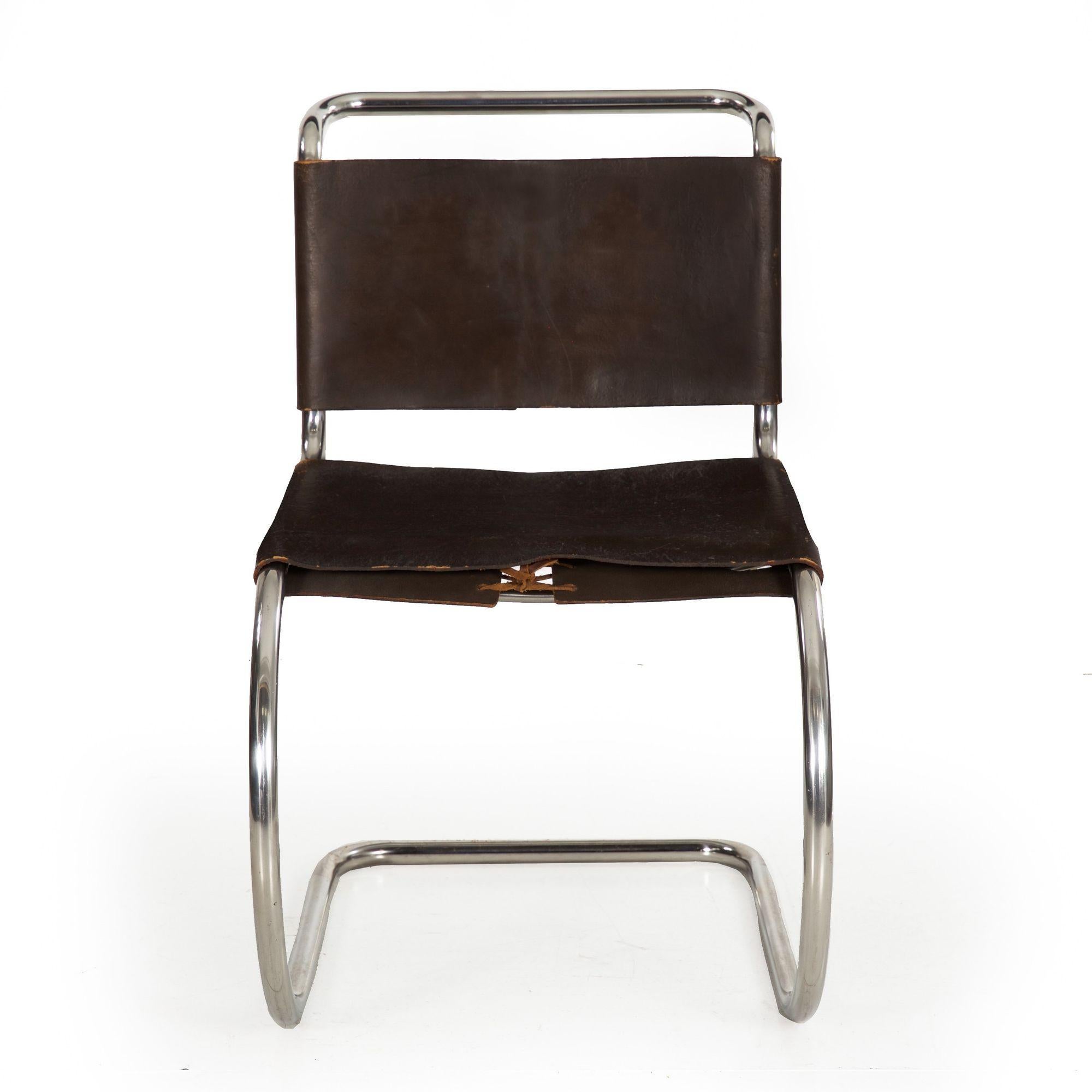 Mid-Century Modern Set of 4 Ludwig Mies Van Der Rohe MR10 Brown Leather Dining Chairs circa 1970s