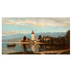 "Lakeview" '1868' Pintura de paisaje estadounidense de Frank Henry Shapleigh
