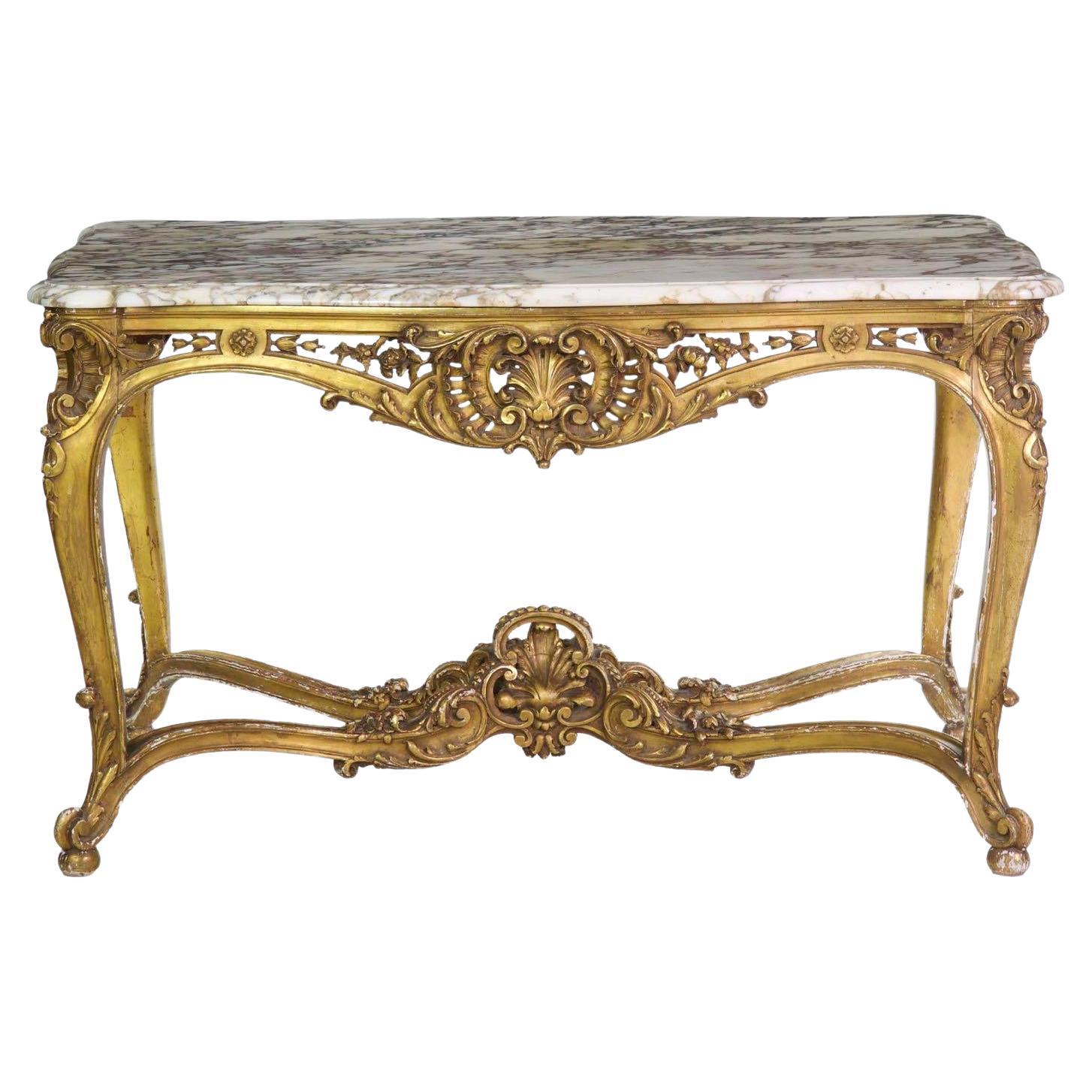 French Louis XV Style Marble Top & Giltwood Console Center Table, circa 1870
