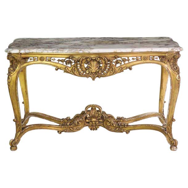 French Louis XV Style Marble Top and Giltwood Console Center Table ...