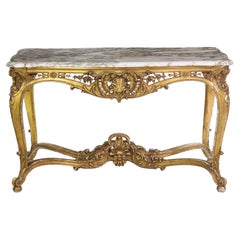 Used French Louis XV Style Marble Top & Giltwood Console Center Table, circa 1870