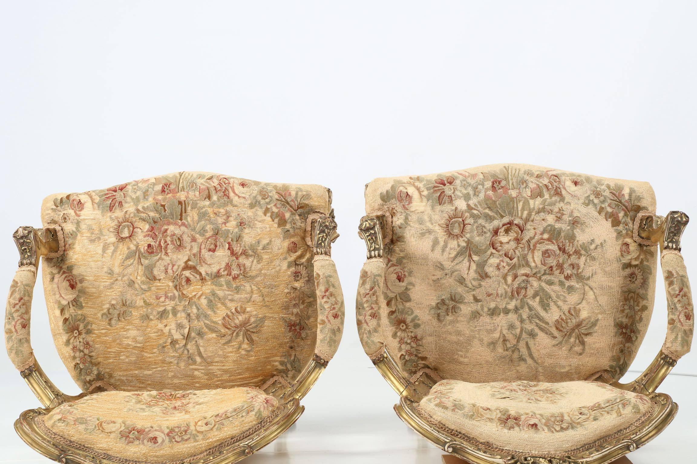 Giltwood Pair of French Louis XV Style Antique Fauteuil Armchairs, circa 1870