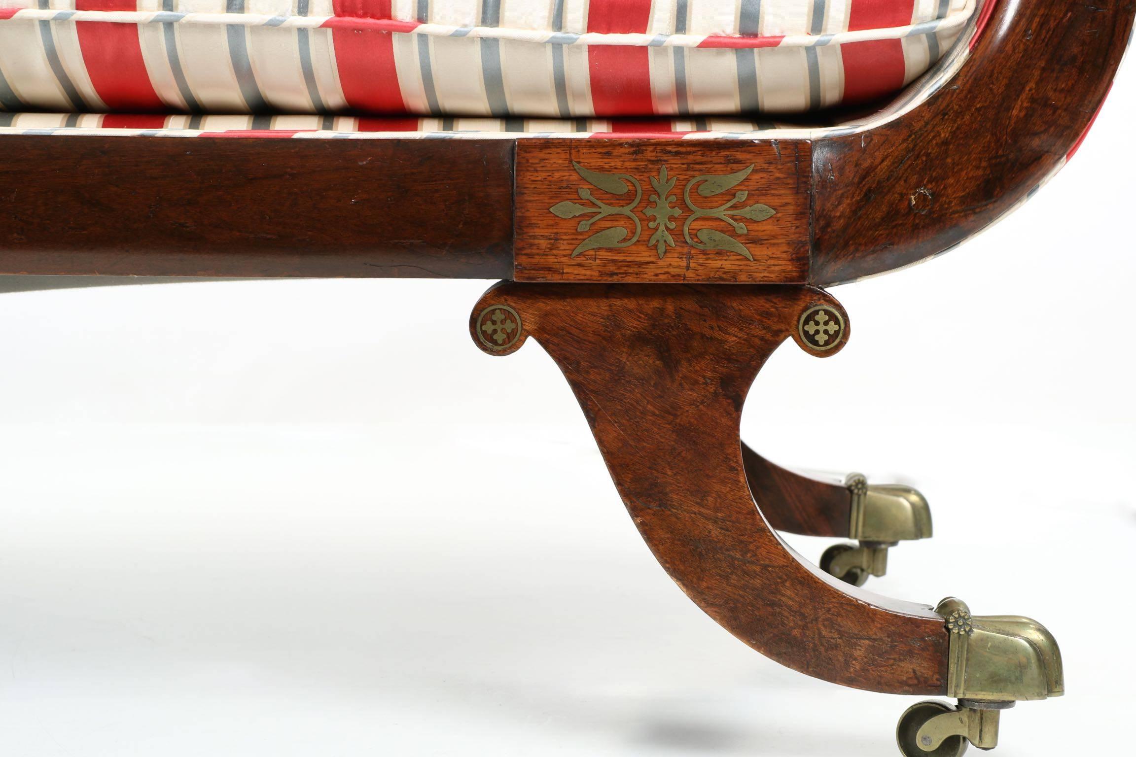 English Regency Brass Inlaid Antique Recamier Sofa Chaise Longue, circa 1825 2