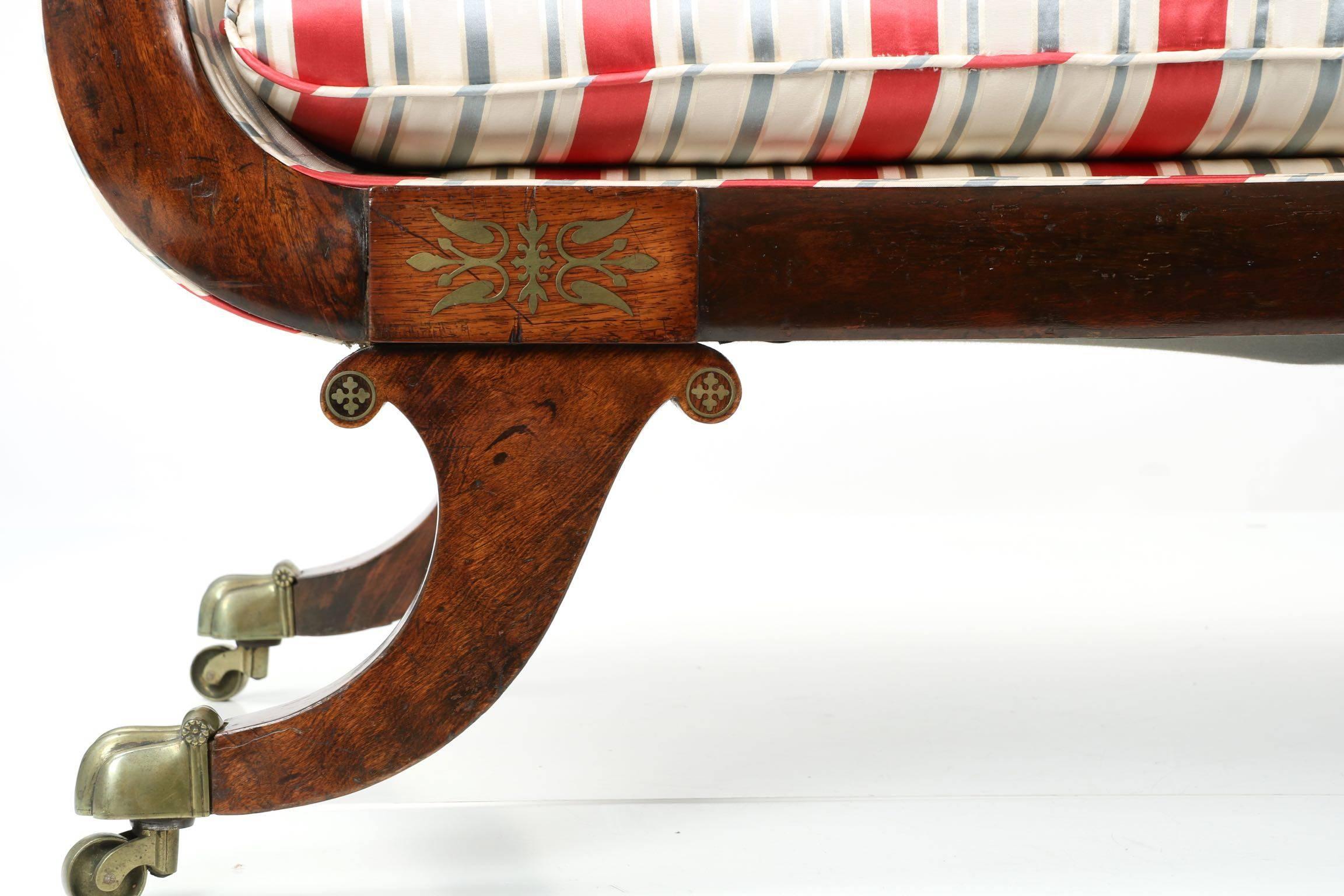 English Regency Brass Inlaid Antique Recamier Sofa Chaise Longue, circa 1825 5
